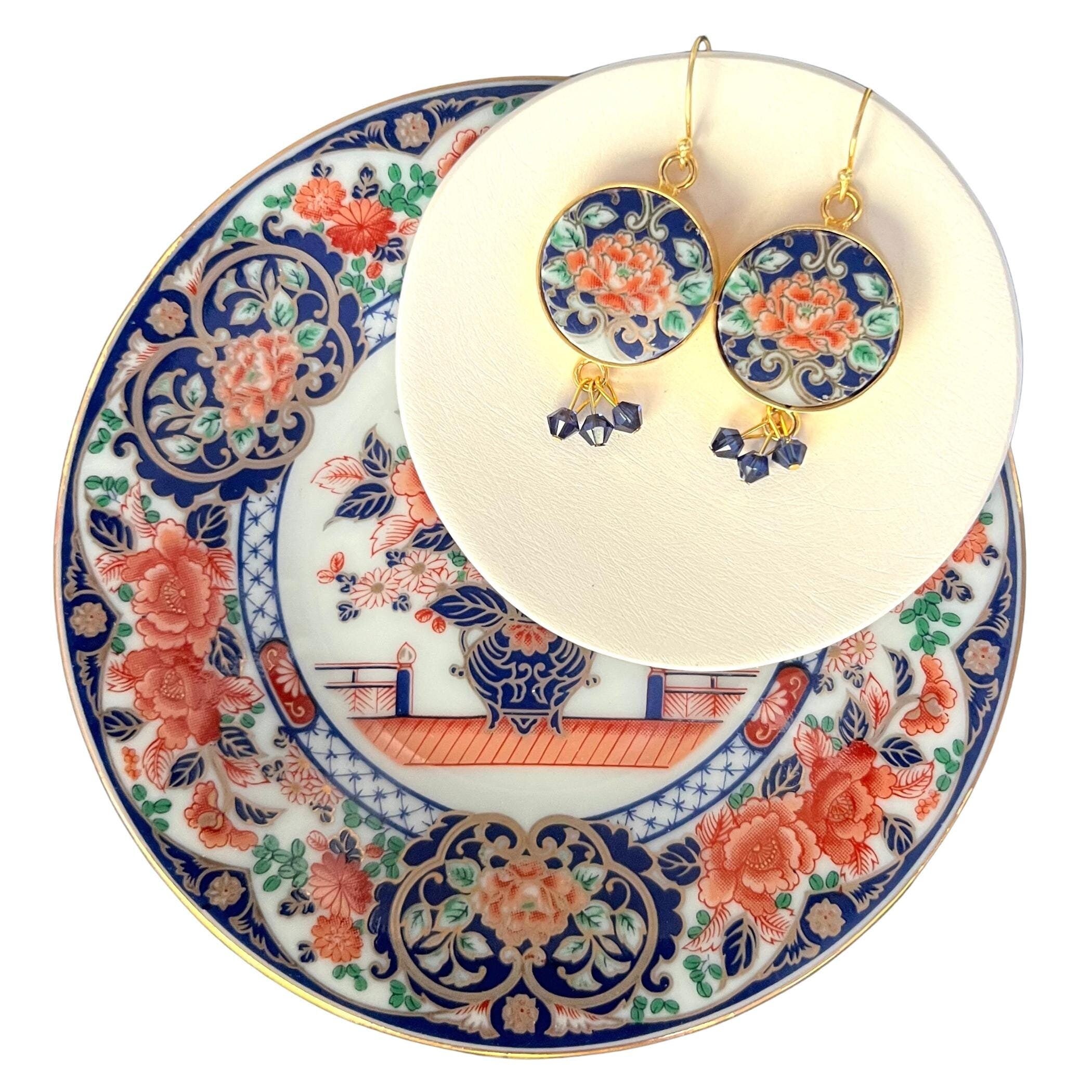 Handcrafted Japanese Imari porcelain earrings with indigo and gold designs, Swarovski crystal dangles in sterling silver settings