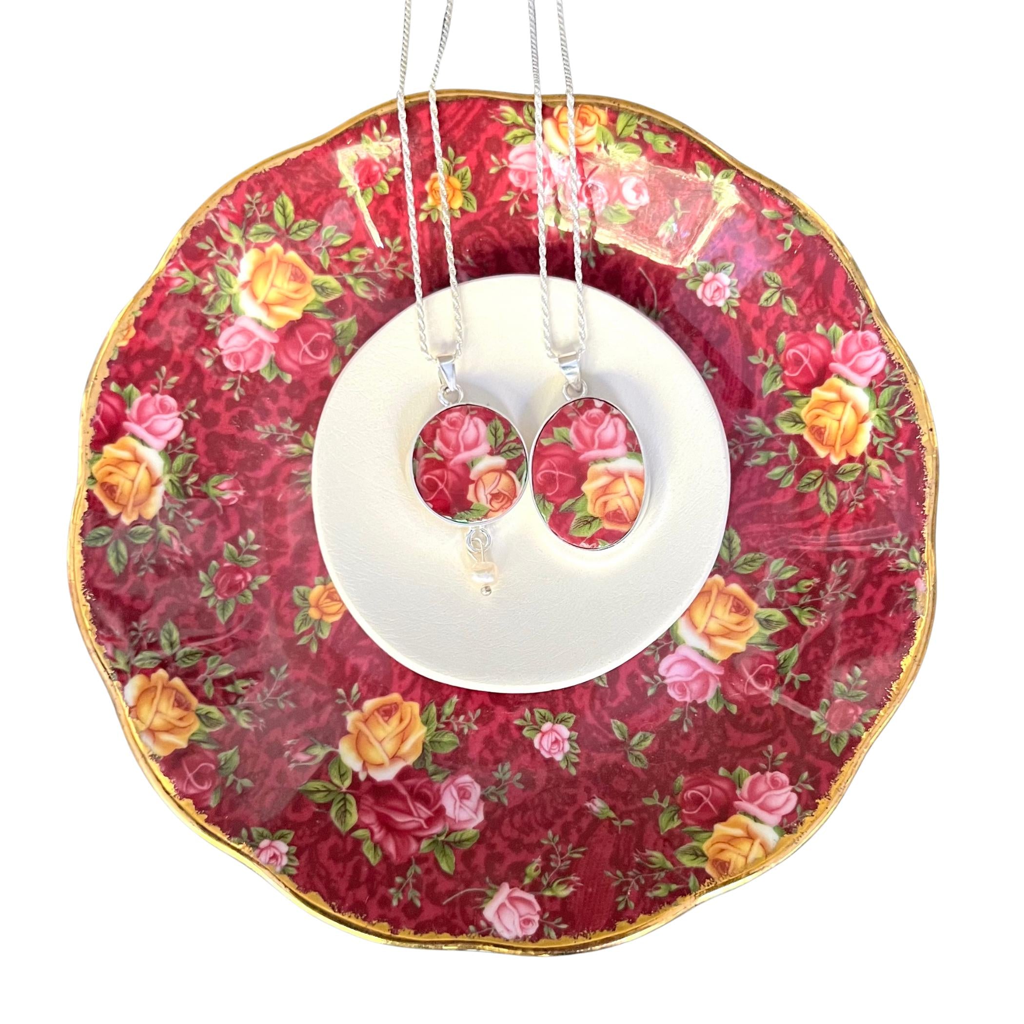 Royal Albert Old Country Roses Ruby Lace China Necklaces with Sterling Silver, Romantic OCR Broken China Jewelry Birthday Gift for Wife Mom