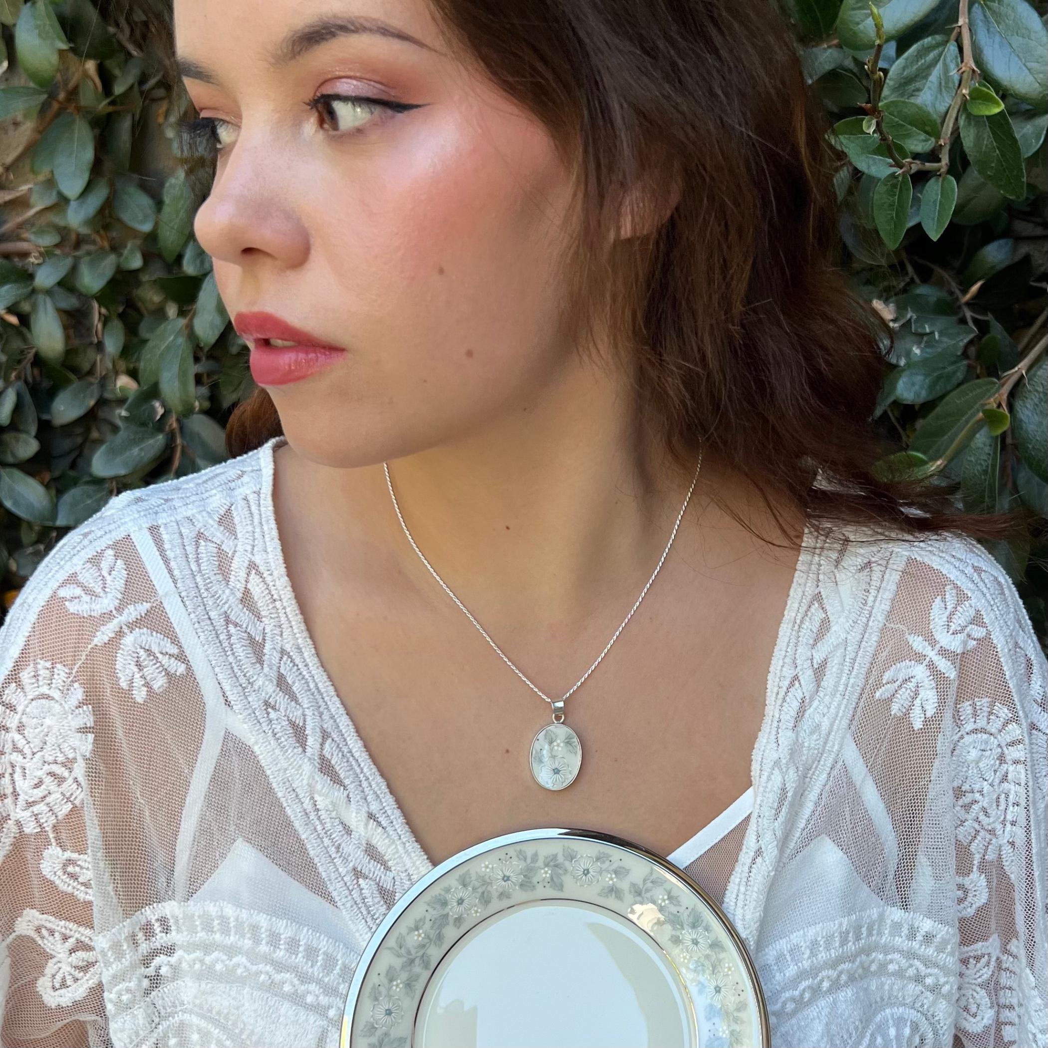 Repurposed Lenox Windsong China Necklace with Fine Oval Broken China Pendant, Modern Family Heirloom China Jewelry Gift for Her Wedding