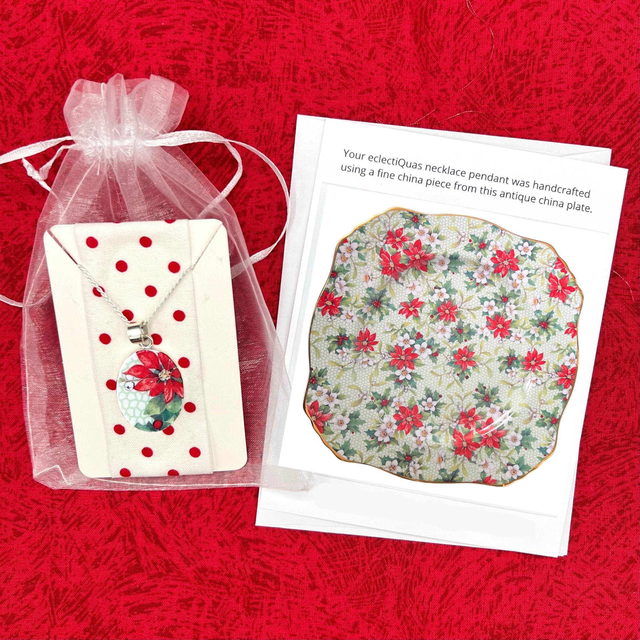 Christmas Poinsettia China Necklace handcrafted with Vintage Royal Winton Chintz China, Red Flower Broken China Jewelry Holiday Gift for Her