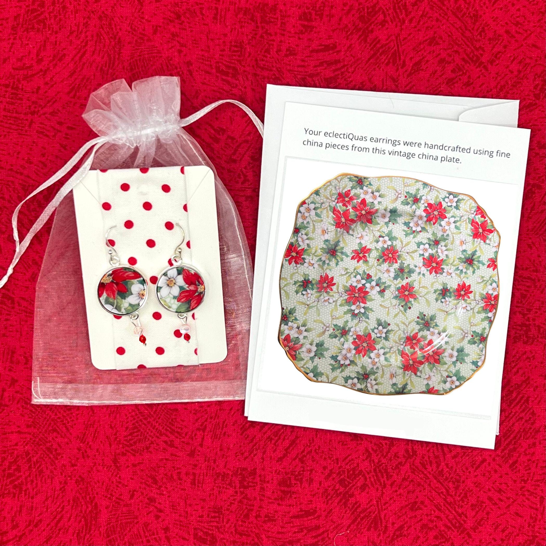 Red Poinsettia Earrings handcrafted with Upcycled Vintage Royal Winton Chintz China, Festive Broken China Jewelry Gift Idea for Christmas