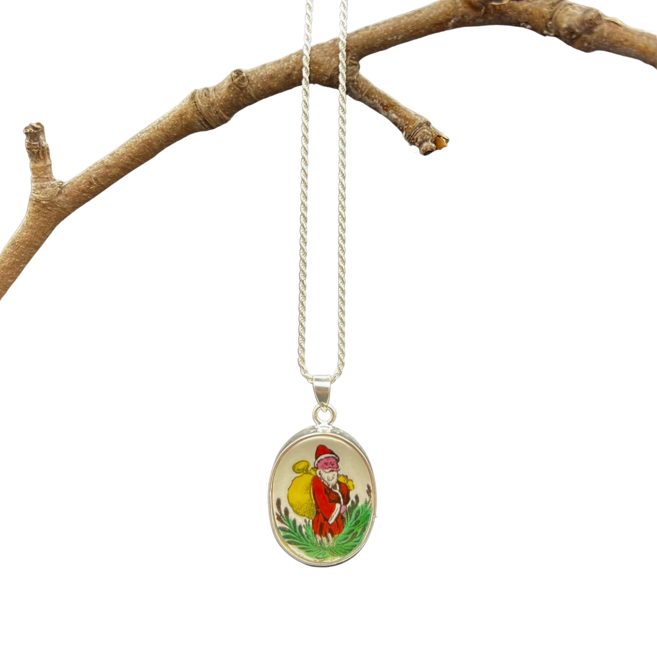 Vintage Spode Christmas Tree China Santa Necklace with Upcycled Porcelain Pendant, Handcrafted Broken China Jewelry Christmas Gift for Her