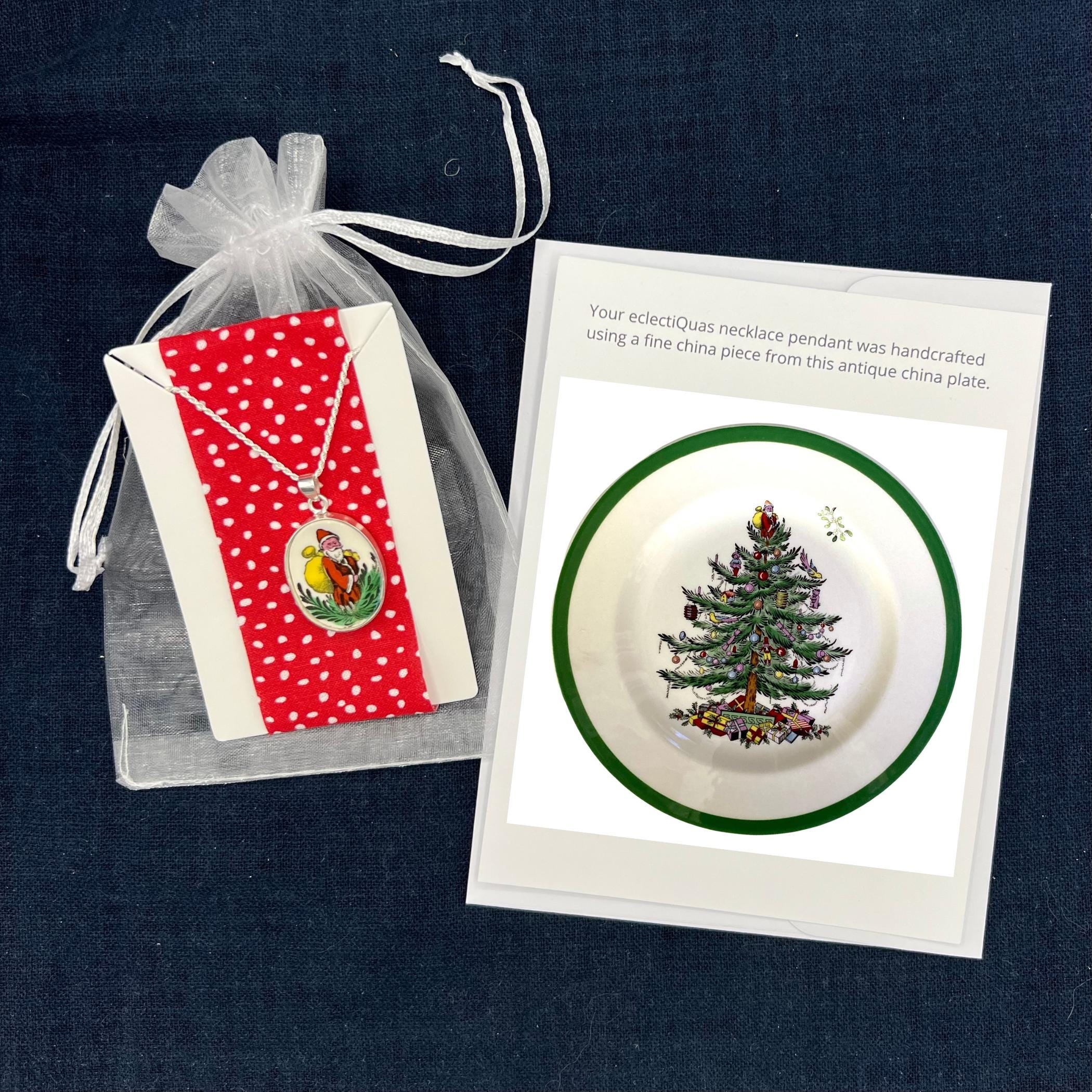 Vintage Spode Christmas Tree China Santa Necklace with Upcycled Porcelain Pendant, Handcrafted Broken China Jewelry Christmas Gift for Her