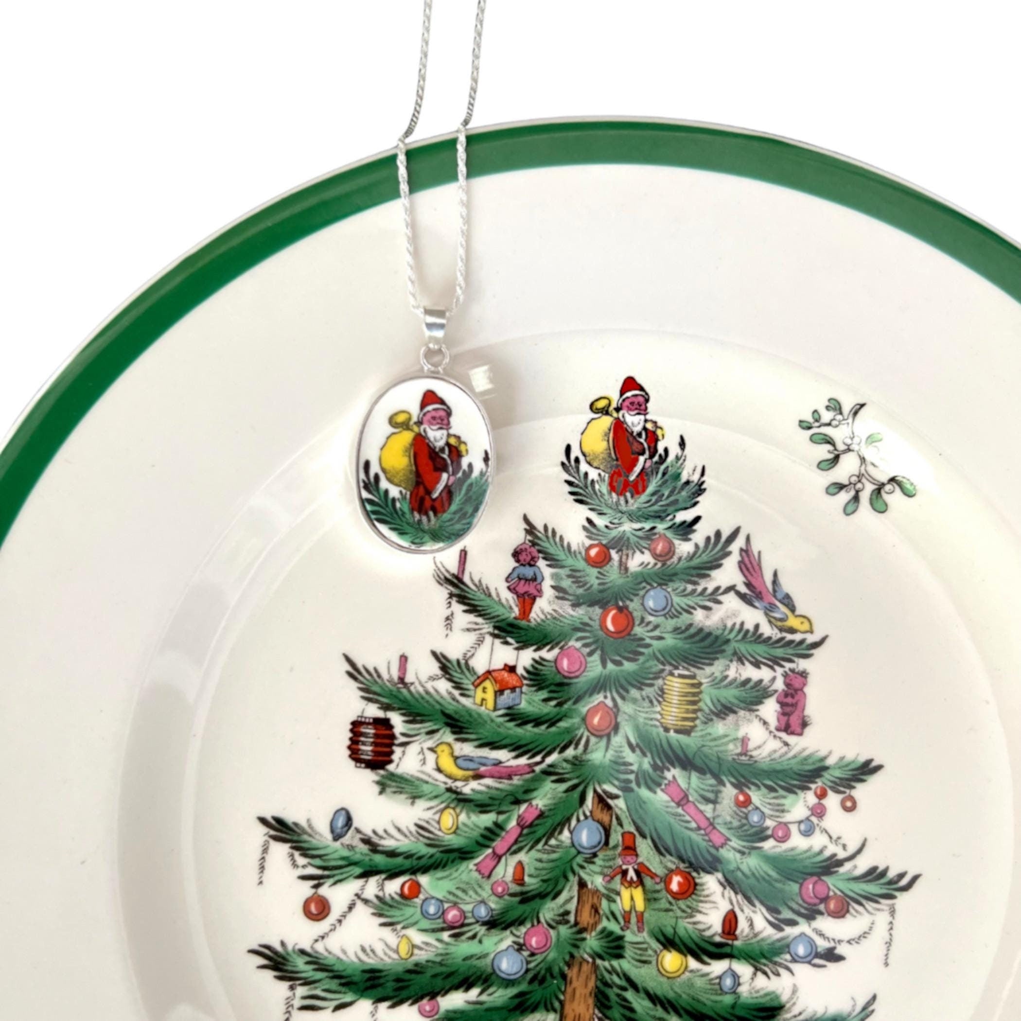Vintage Spode Christmas Tree Santa pendant necklace crafted from upcycled holiday china in sterling silver setting, festive gift