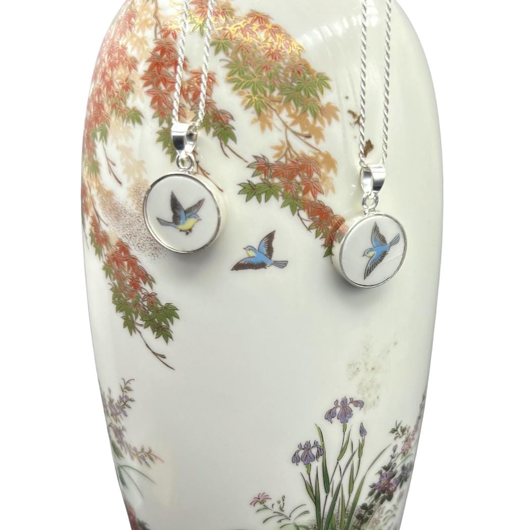 Upcycled blue bird pendant handmade from vintage Japanese Imari porcelain with sterling silver chain, symbolic gift for graduation - new job