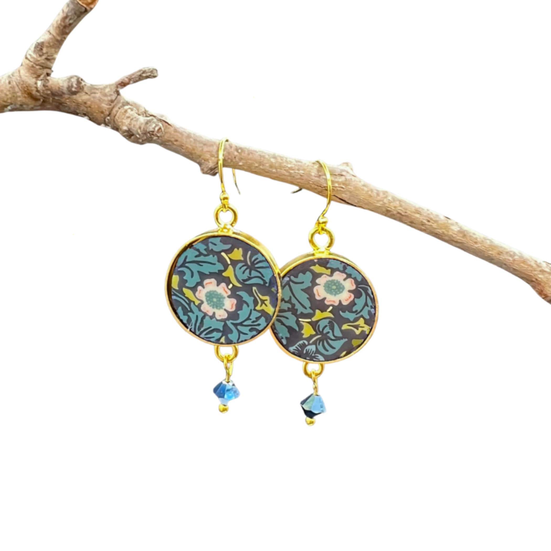 William Morris Design Porcelain Earrings with Mismatched Flowers, Vintage Art Nouveau Autumn Jewelry Gift for Botanical Nature Lovers