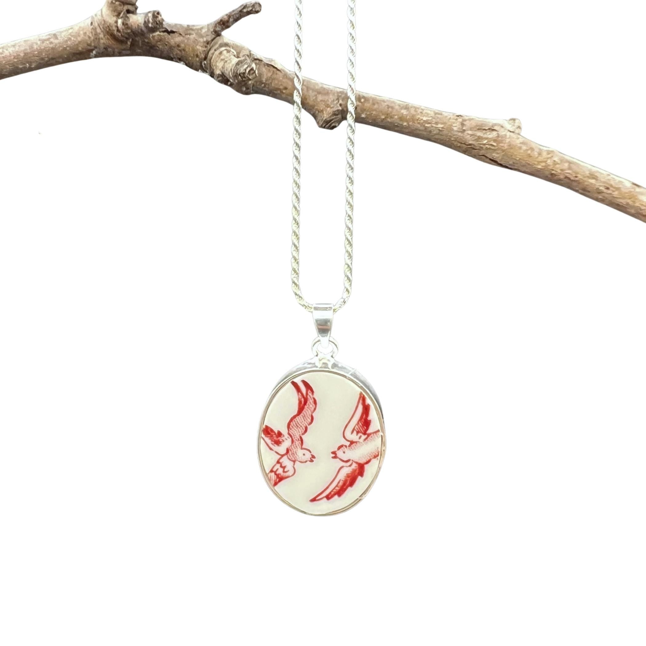 Romantic Valentines Day Love Birds Necklace upcycled with Red Willow China & Sterling Silver, Thoughtful Vintage China Jewelry Gift for Her