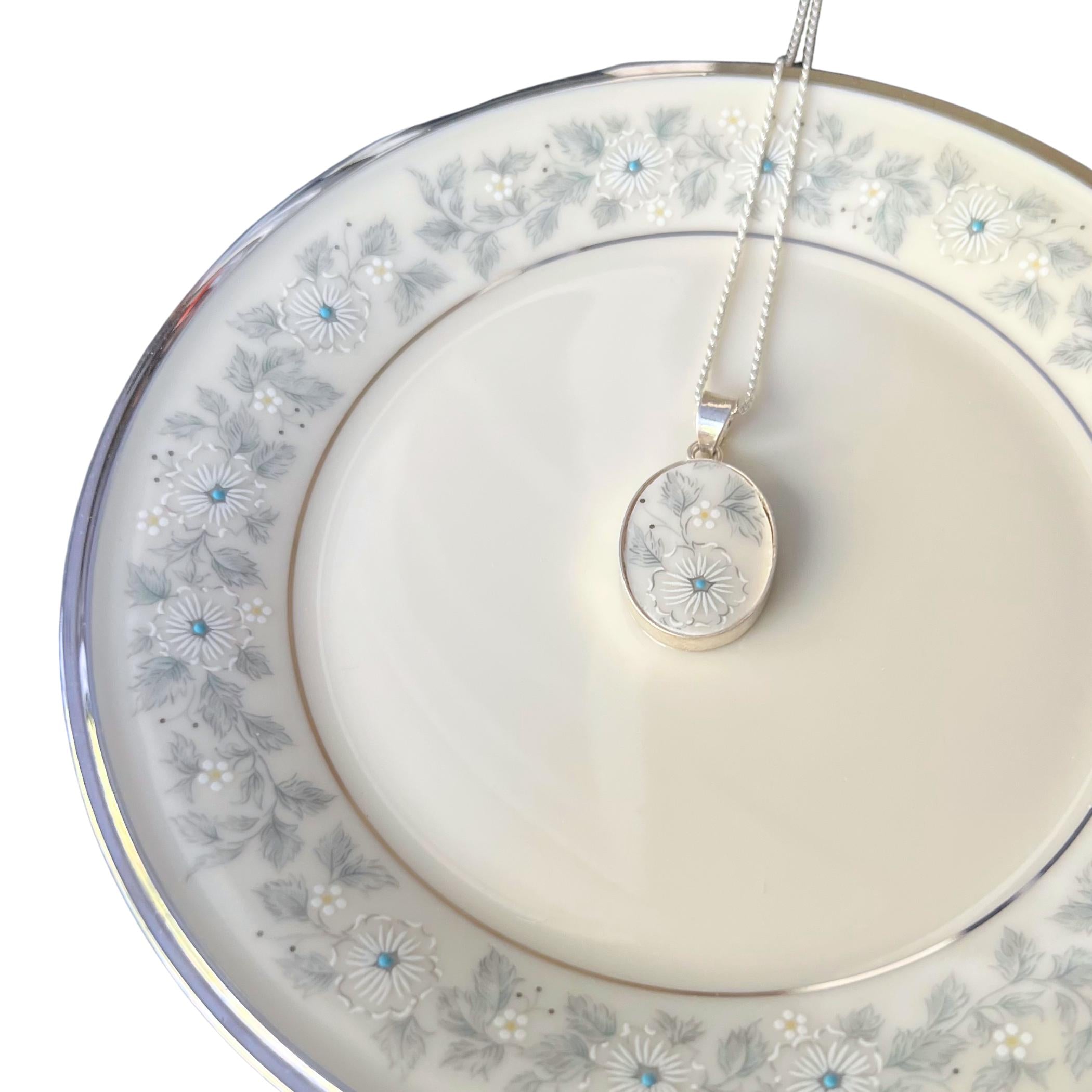 Handcrafted pendant featuring upcycled Lenox Windsong wedding china in sterling silver setting - traditional anniversary keepsake
