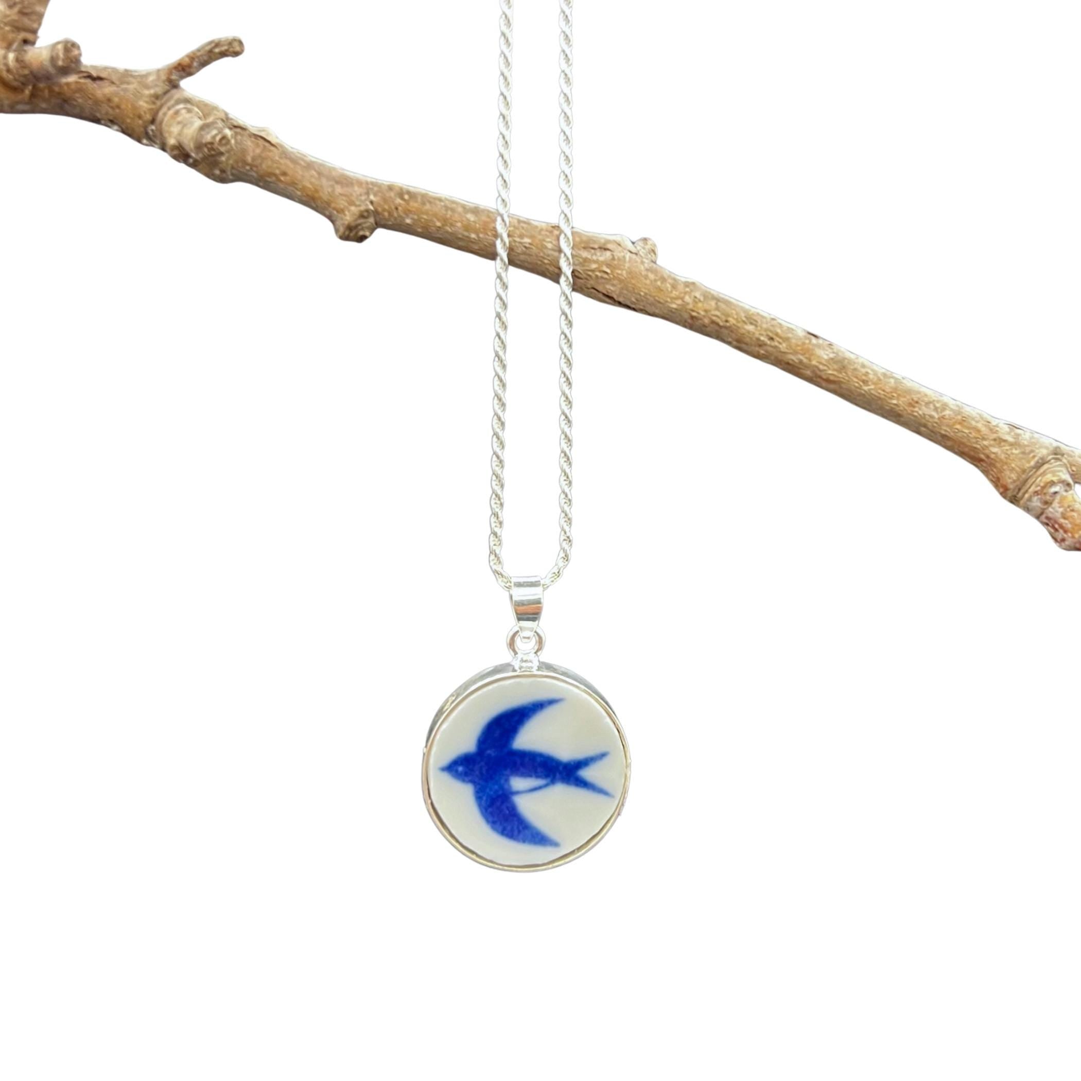 Swallow Jewelry handmade with Upcycled China & Sterling Silver, Abstract Blue and White Bird China Necklace Christmas Gift for Bird Lovers