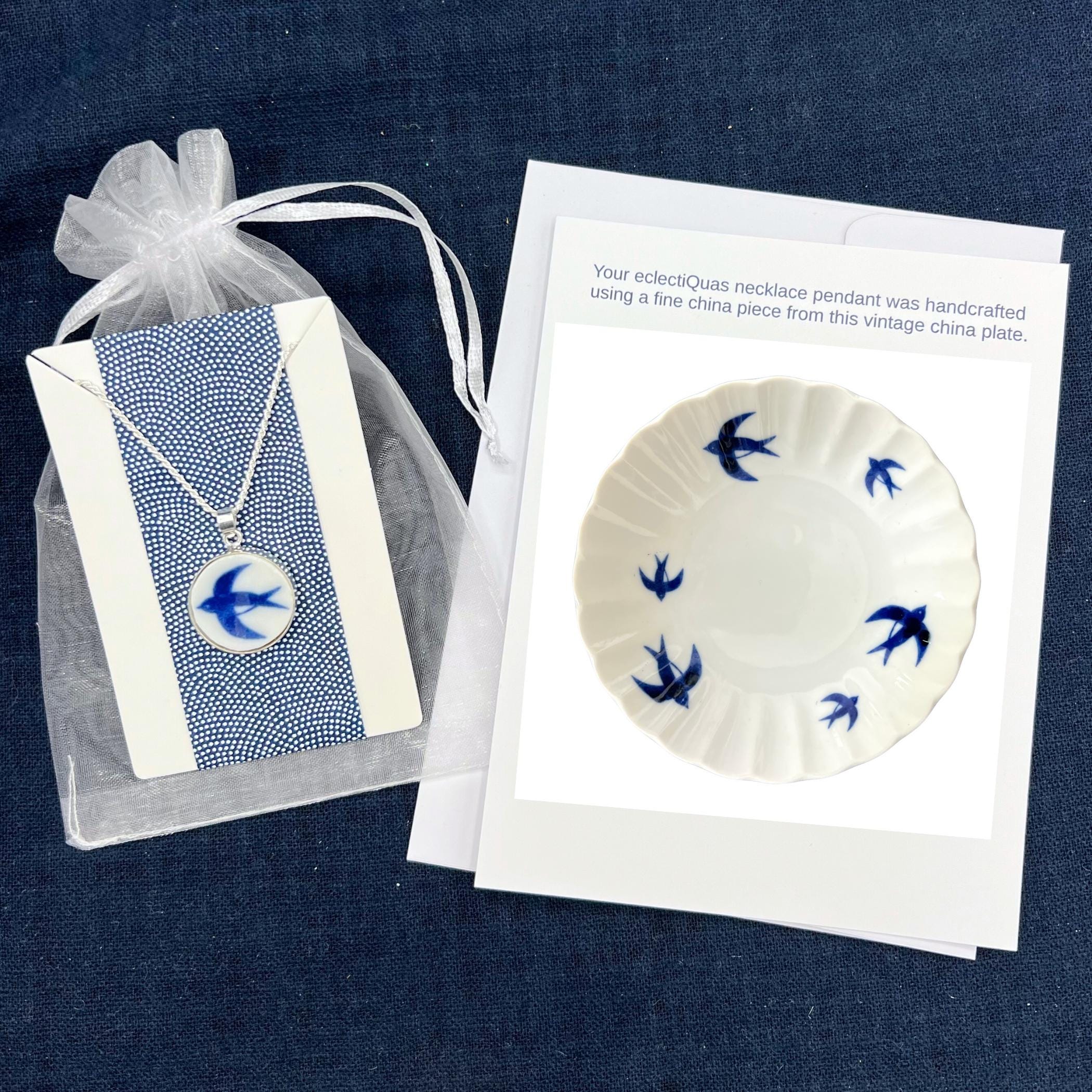Swallow Jewelry handmade with Upcycled China & Sterling Silver, Abstract Blue and White Bird China Necklace Christmas Gift for Bird Lovers