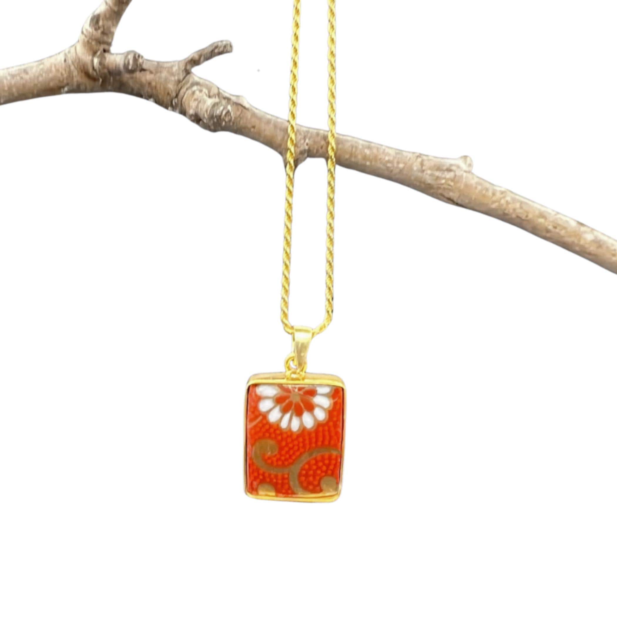 Dainty Gold and Orange Flower China Necklace handmade with Upcycled Kutani Porcelain, Elegant China Jewelry for a Thoughtful Birthday Gift