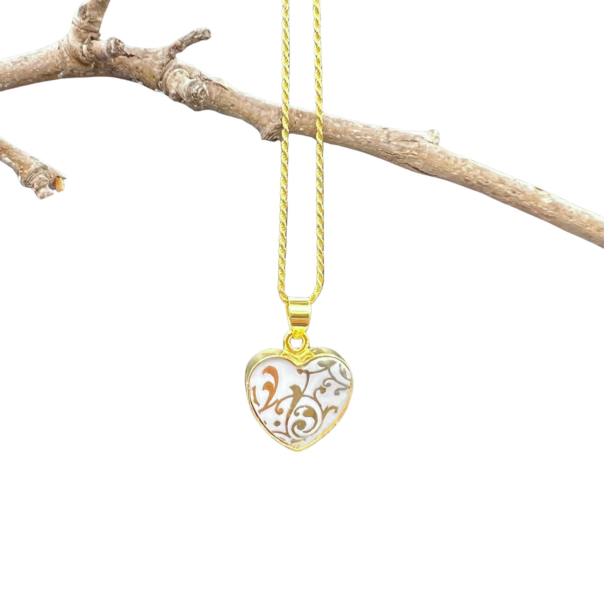 Vintage Royal Albert Gold Heart China Necklace handmade with Upcycled China, Romantic Broken China Jewelry Mothers Day Gift for Mom Wife