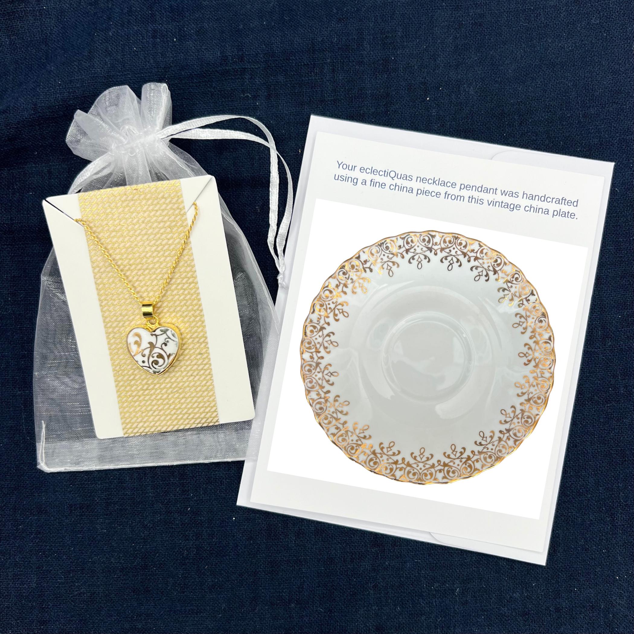 Vintage Royal Albert Gold Heart China Necklace handmade with Upcycled China, Romantic Broken China Jewelry Mothers Day Gift for Mom Wife