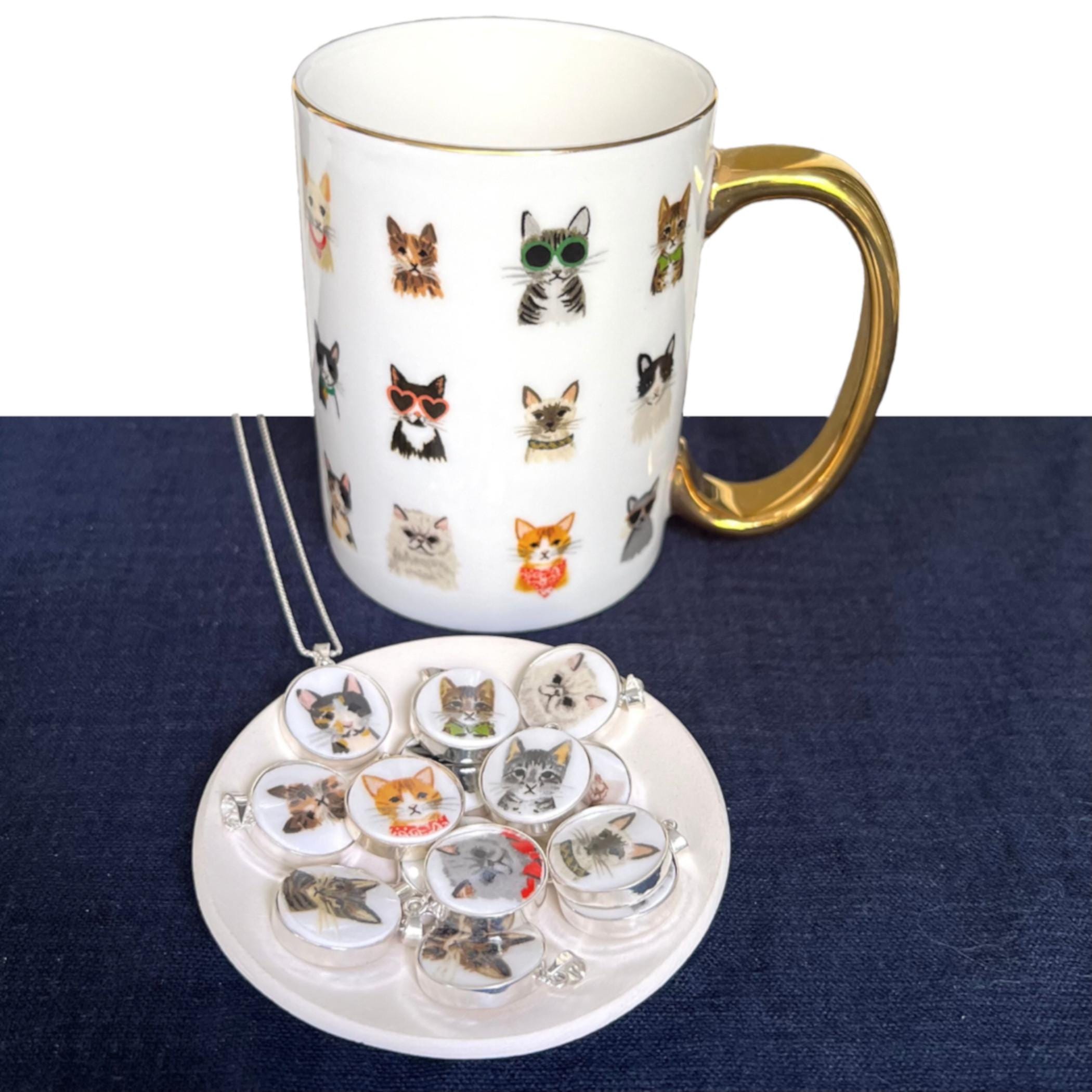 Cat China Necklaces handmade with Upcycled Porcelain, 18 Cat Portrait Pendant for Pet Mom Lovers, New Kitty Parents, Pet Memorial