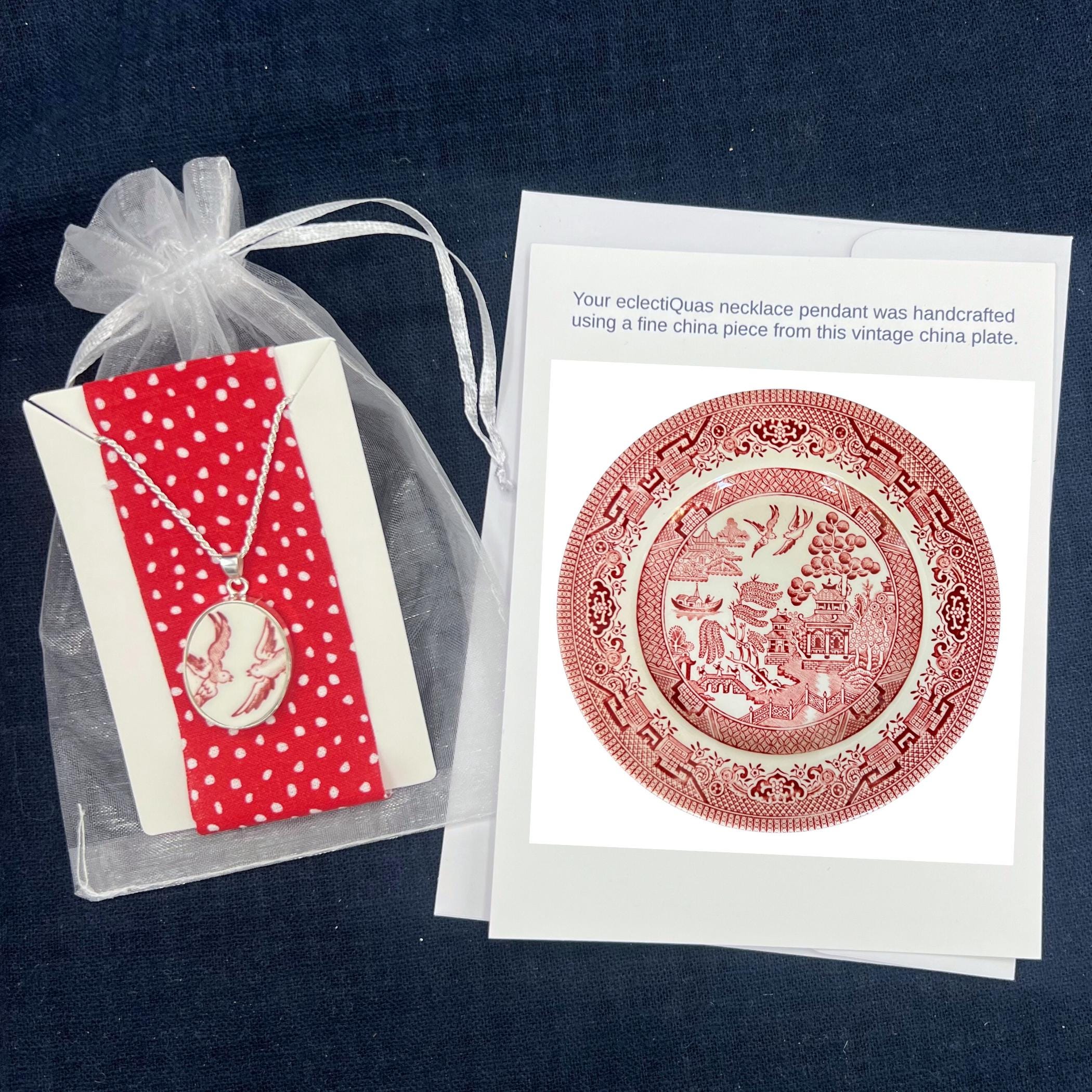 Romantic Valentines Day Love Birds Necklace upcycled with Red Willow China & Sterling Silver, Thoughtful Vintage China Jewelry Gift for Her