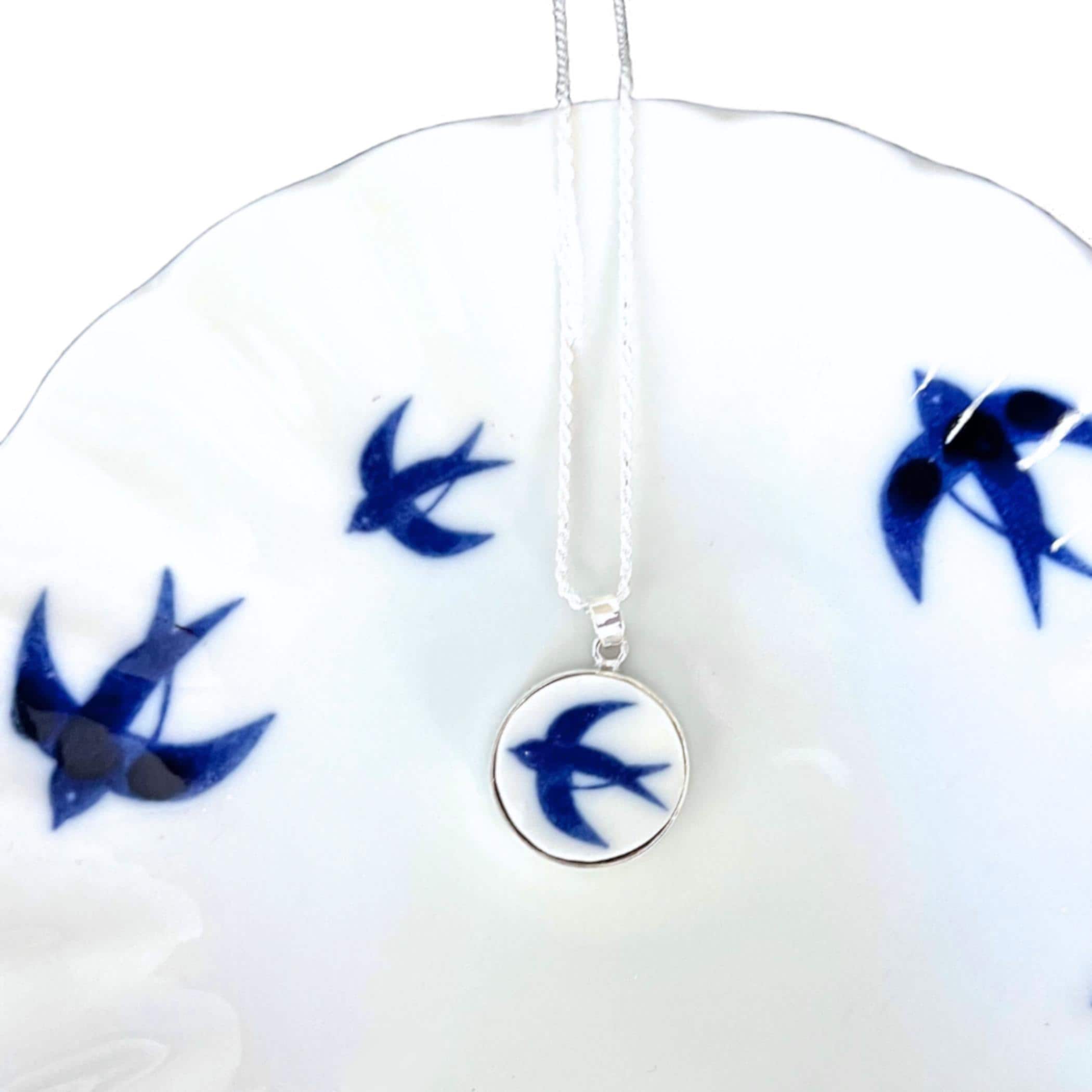 Blue and white bird pendant necklace - broken china jewelry handcrafted from upcycled Japanese Minoyaki porcelain and sterling silver