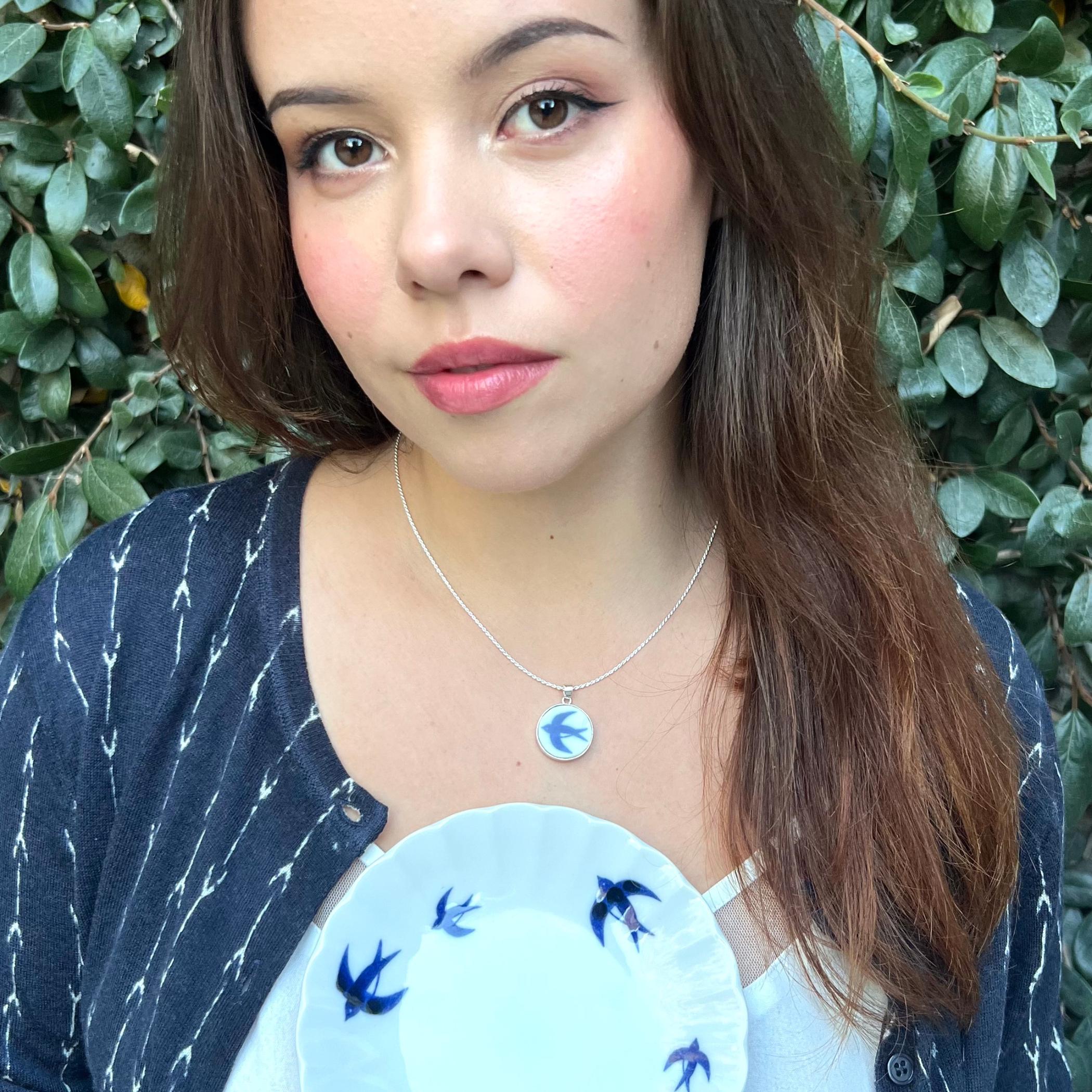 Swallow Jewelry handmade with Upcycled China & Sterling Silver, Abstract Blue and White Bird China Necklace Christmas Gift for Bird Lovers