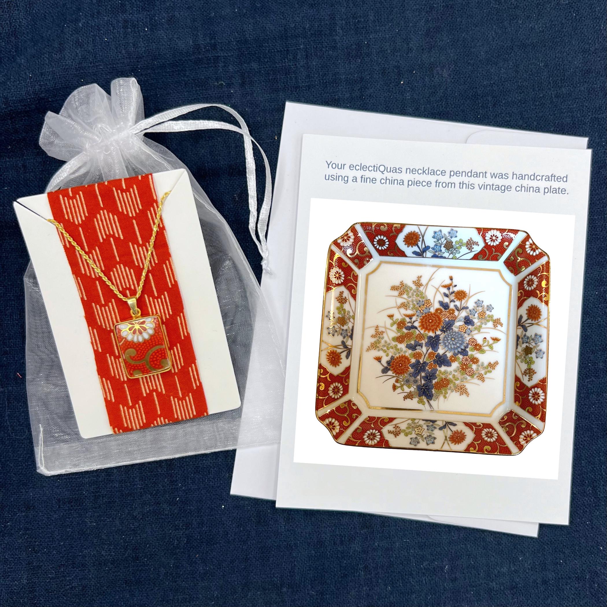 Dainty Gold and Orange Flower China Necklace handmade with Upcycled Kutani Porcelain, Elegant China Jewelry for a Thoughtful Birthday Gift