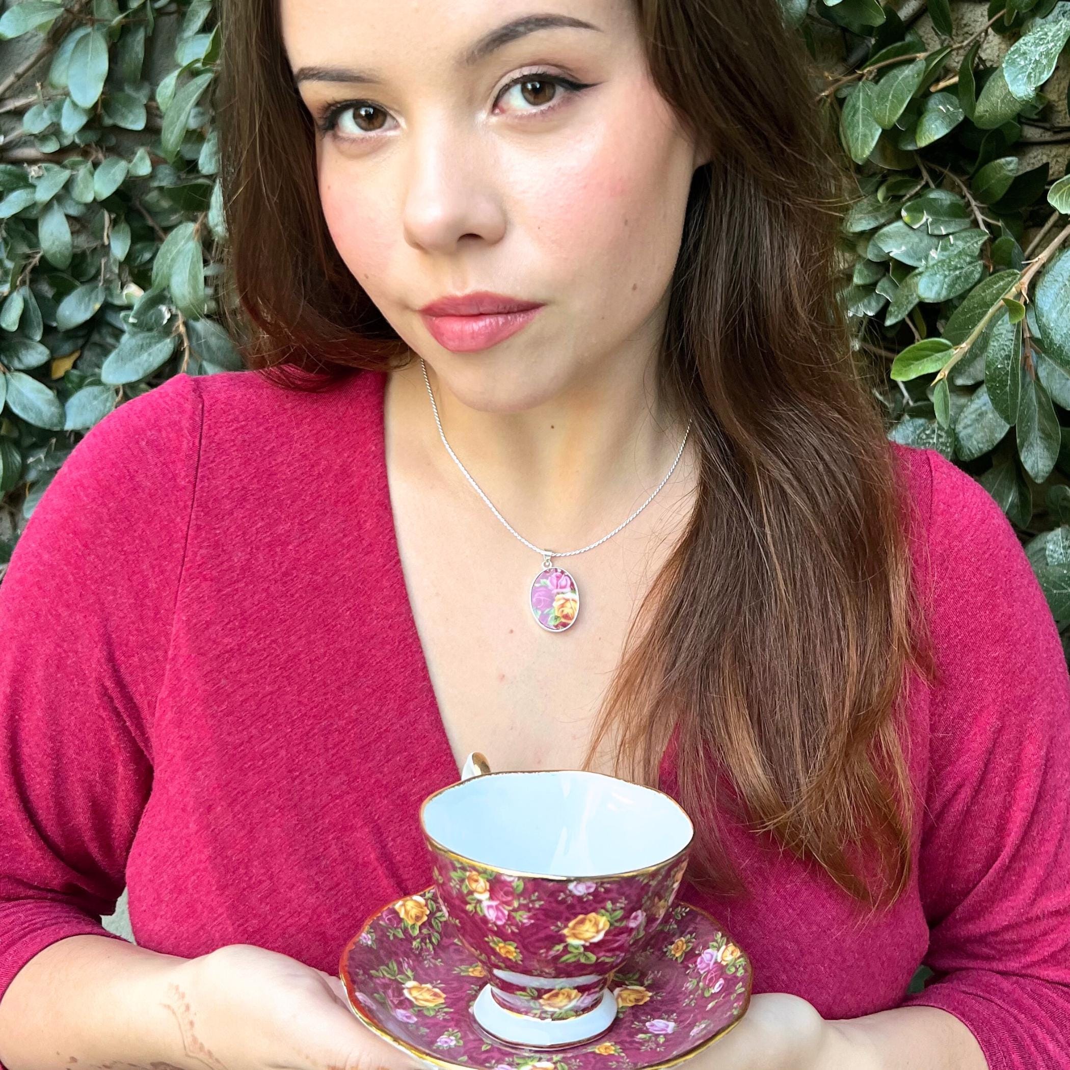 Royal Albert Old Country Roses Ruby Lace China Necklaces with Sterling Silver, Romantic OCR Broken China Jewelry Birthday Gift for Wife Mom