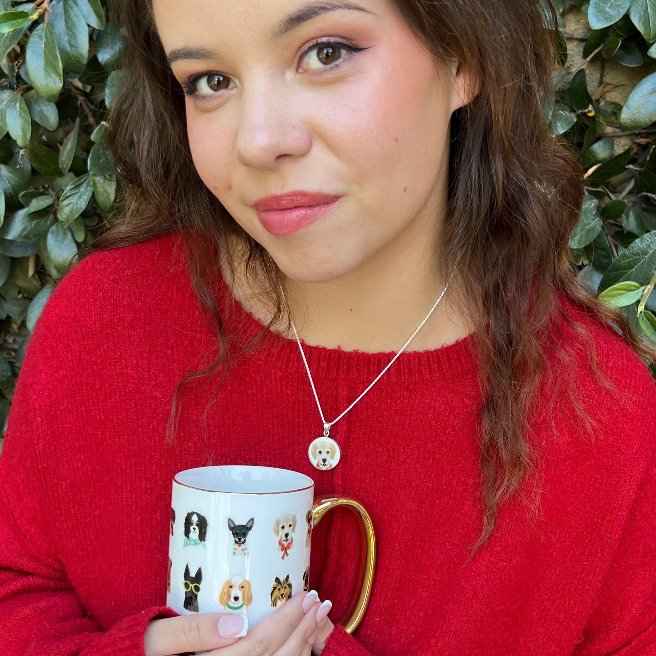 Model wearing Upcycled Dog China Necklace handmade with Rifle Paper Co. Dog Porcelain & sterling silver
