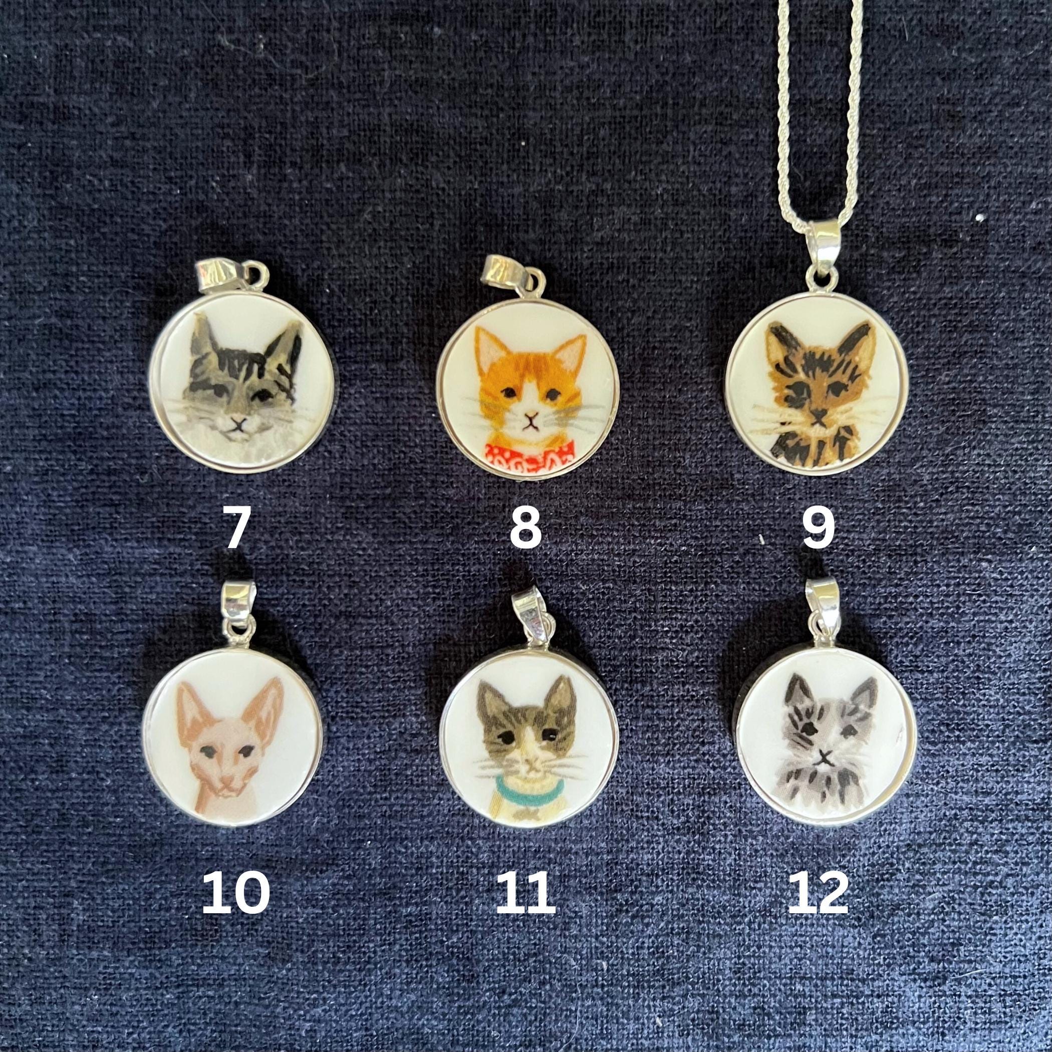 Adorable Cat China Necklaces handmade with Upcycled Porcelain, 18 Cat Portrait Pendant Christmas Gifts for Pet Mom Lovers, New Kitty Parents