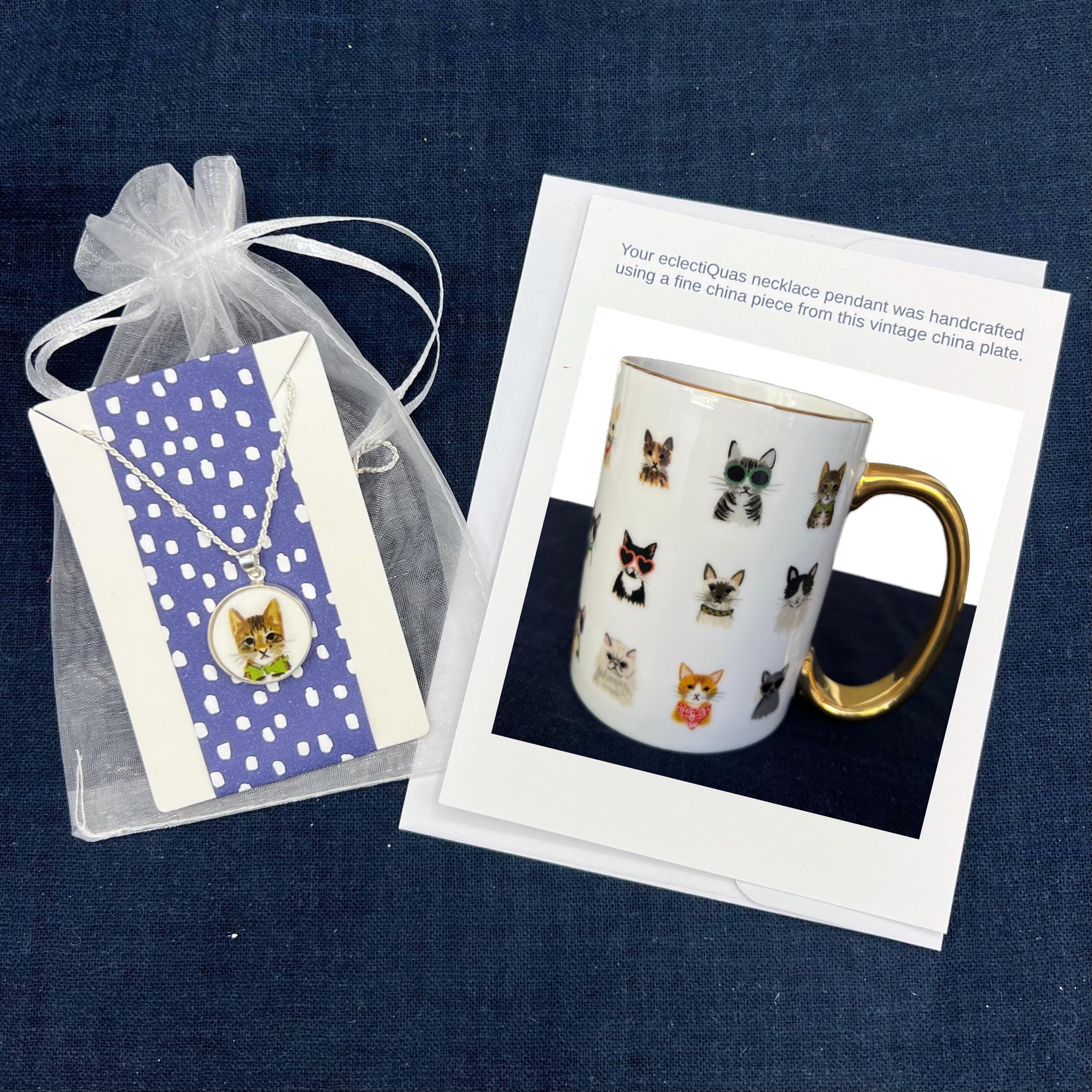 Adorable Cat China Necklaces handmade with Upcycled Porcelain, 18 Cat Portrait Pendant Christmas Gifts for Pet Mom Lovers, New Kitty Parents