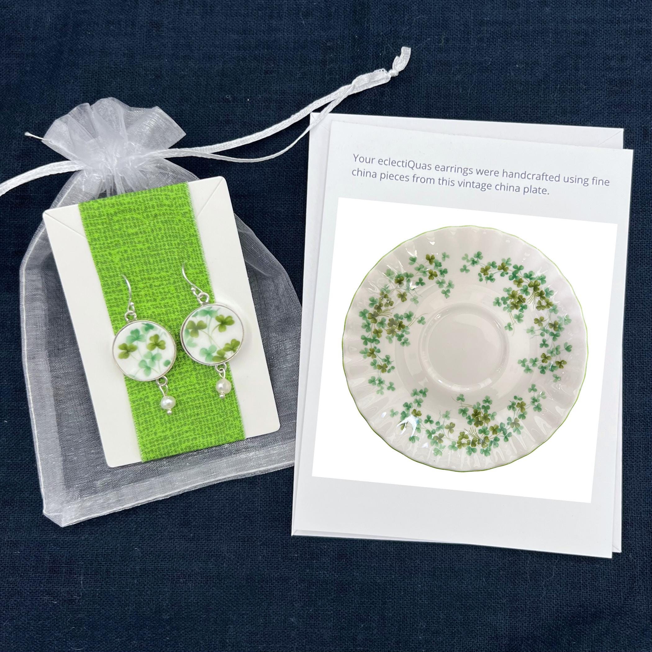 Vintage Royal Albert China Shamrock Earrings handmade with Broken China & Sterling Silver, Four Leaf Clover Gift of Irish Jewelry for Women