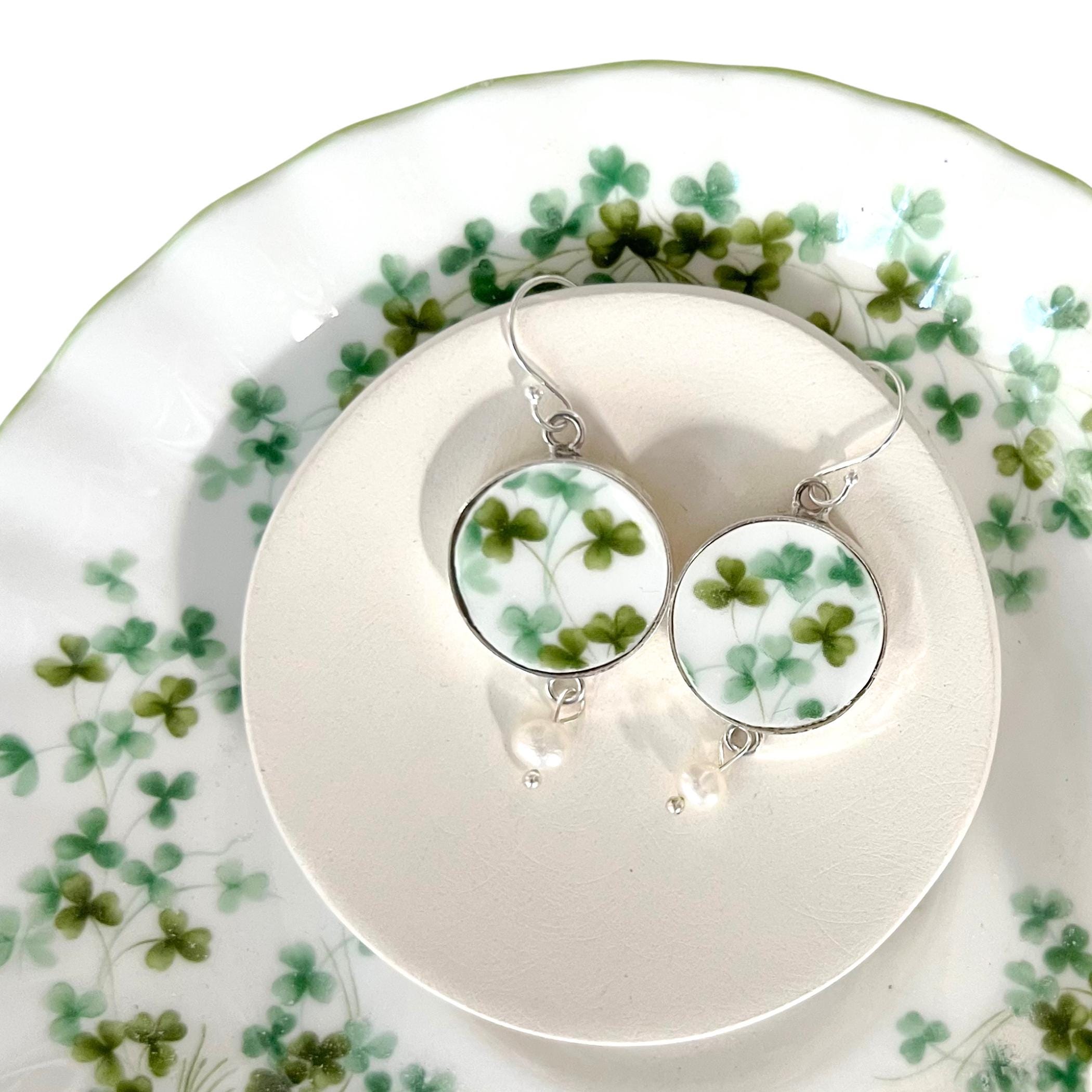Irish shamrock china earrings made from Royal Albert china & freshwater pearls - perfect gift for celebrating Irish heritage, birthdays, holidays