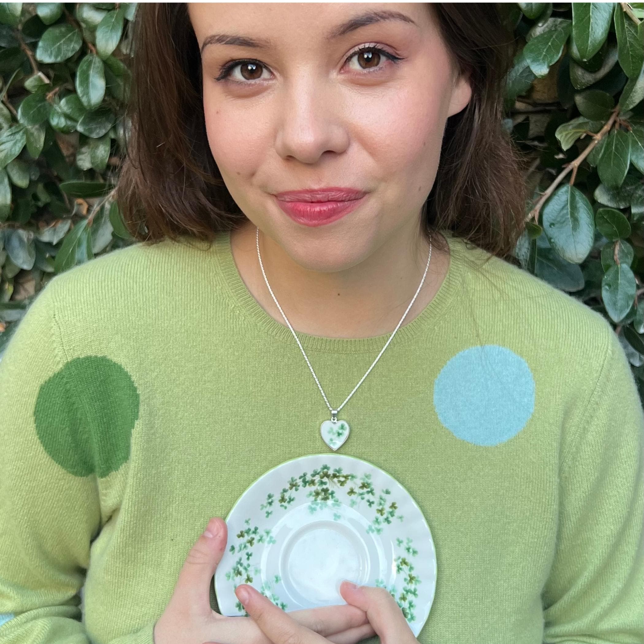 Dainty Shamrock China Heart Necklace handmade with Vintage Royal Albert China