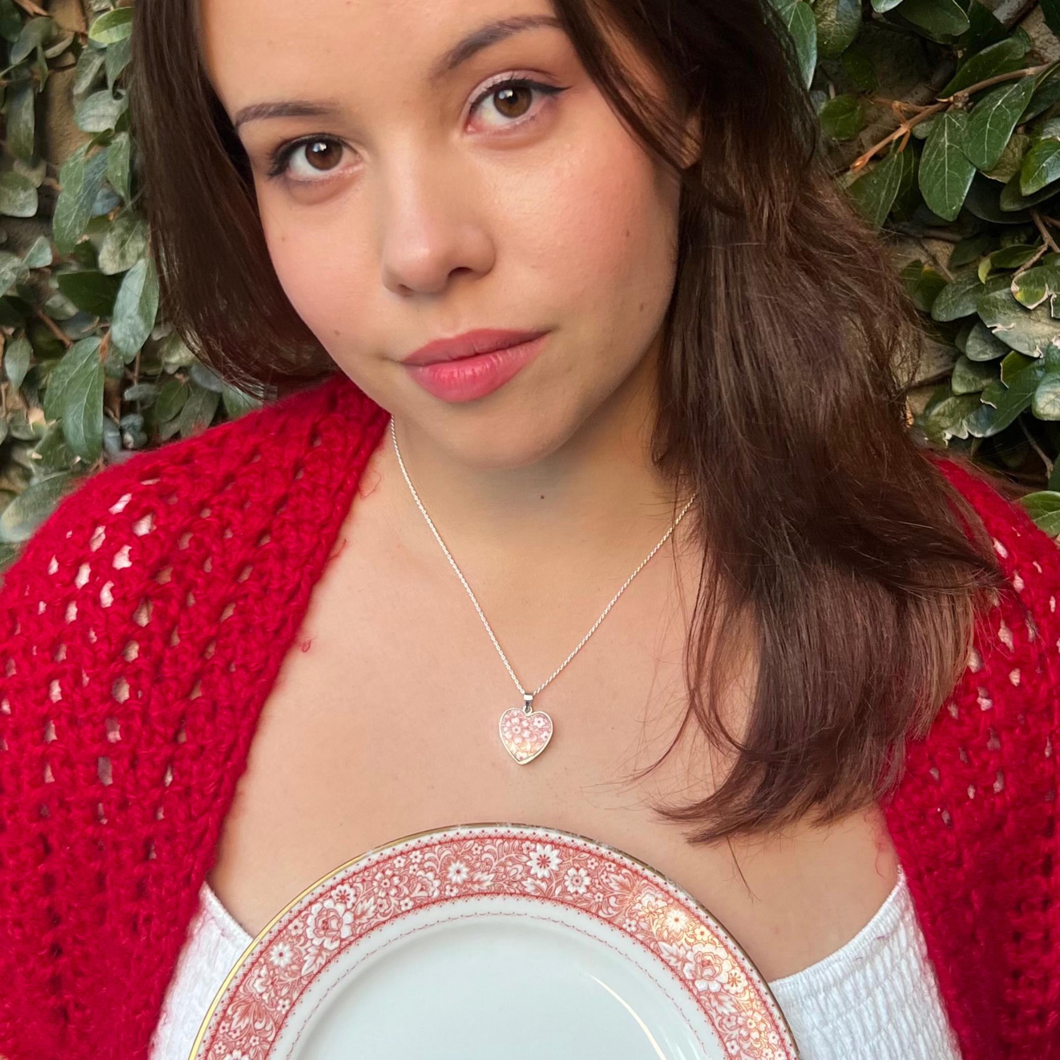 Red Floral Heart Necklace Upcycled from Vintage China