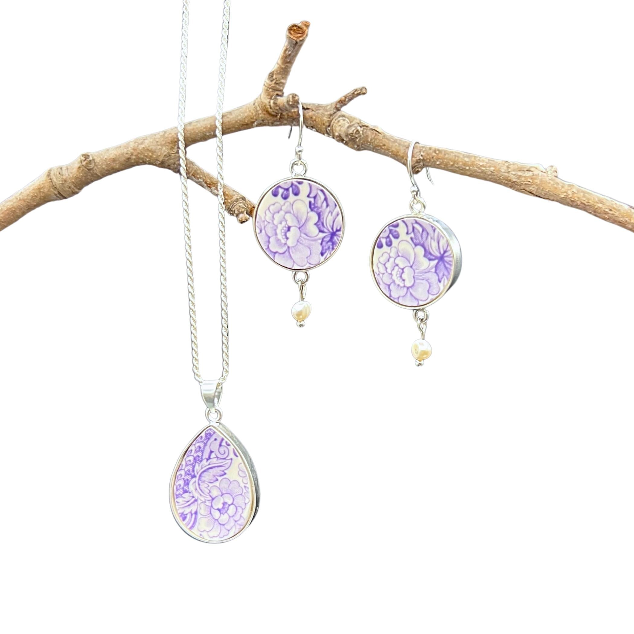 Dainty Purple Lavender Transferware Spode China Necklace Earrings Gift for Mothers Day, Upcycled Vintage China Jewelry with Sterling Silver