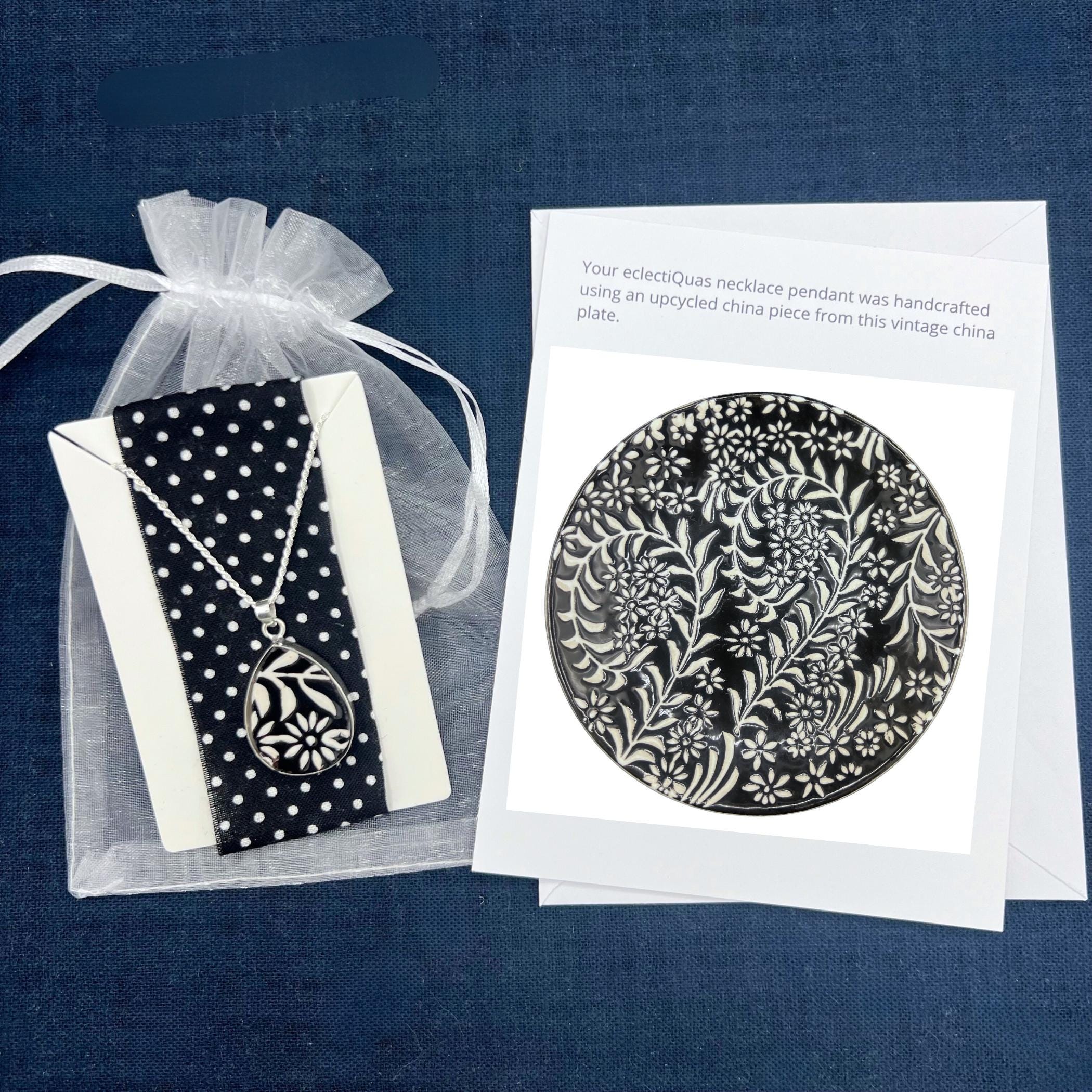 Gorgeous Black and White Flower China Necklace handcrafted with Sterling Silver, Elegant Broken China Jewelry Gift for Her China Anniversary