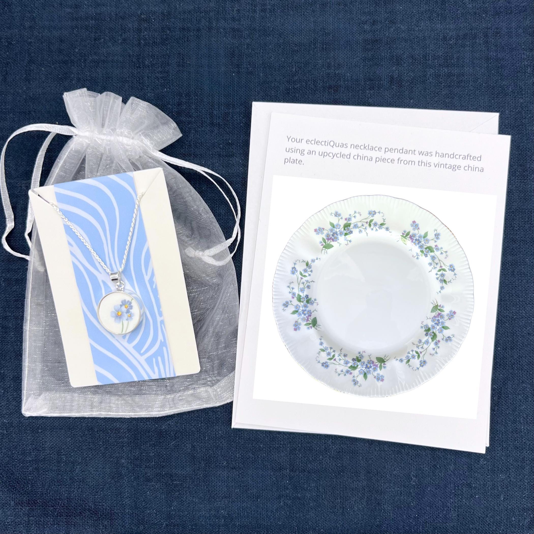 Romantic Forget Me Not Necklace made with Upcycled Vintage China & Sterling Silver, Thoughtful Blue Flower Broken China Jewelry Gift for Her