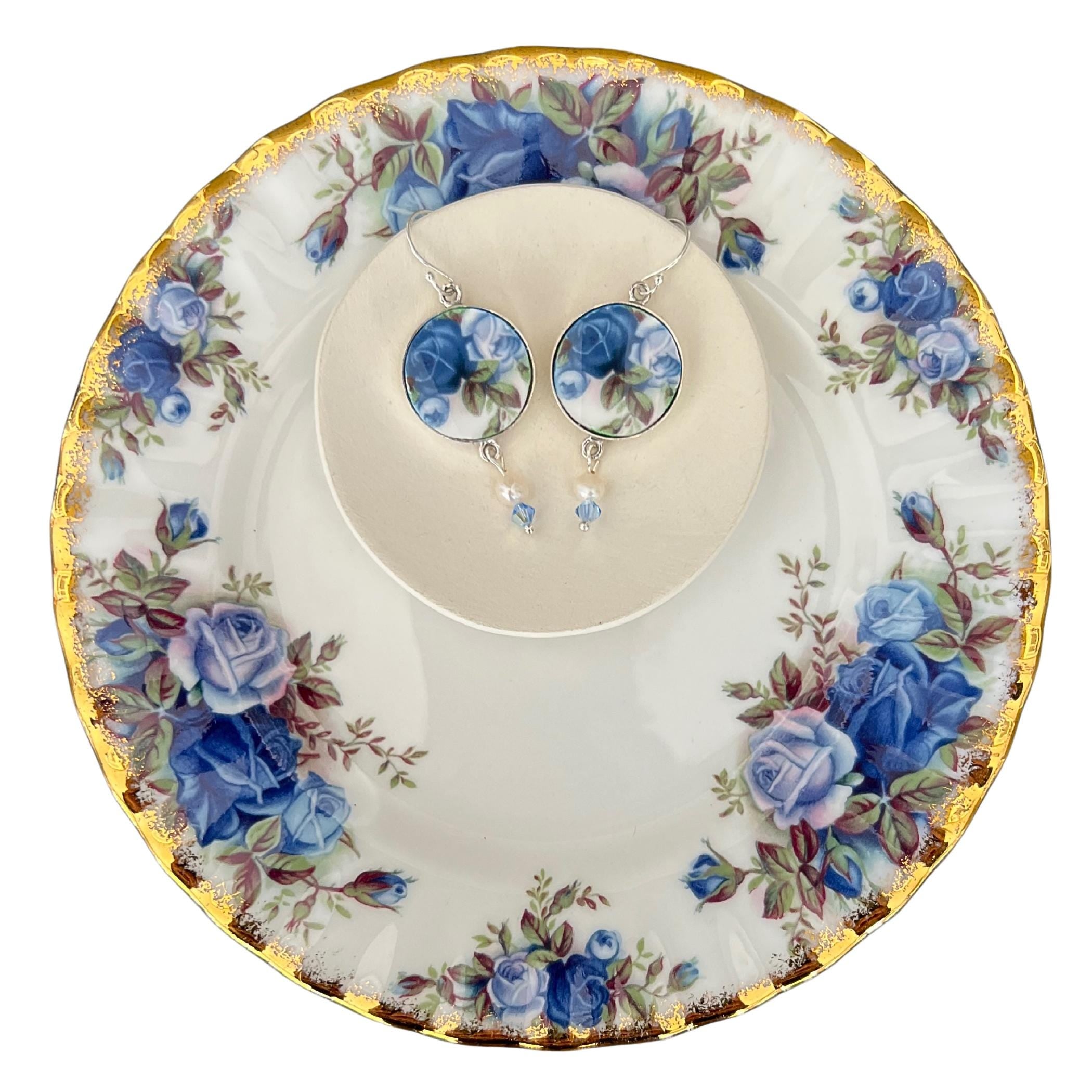 Handcrafted Royal Albert Moonlight Rose china earrings with freshwater pearls and blue Swarovski crystals - perfect anniversary gift