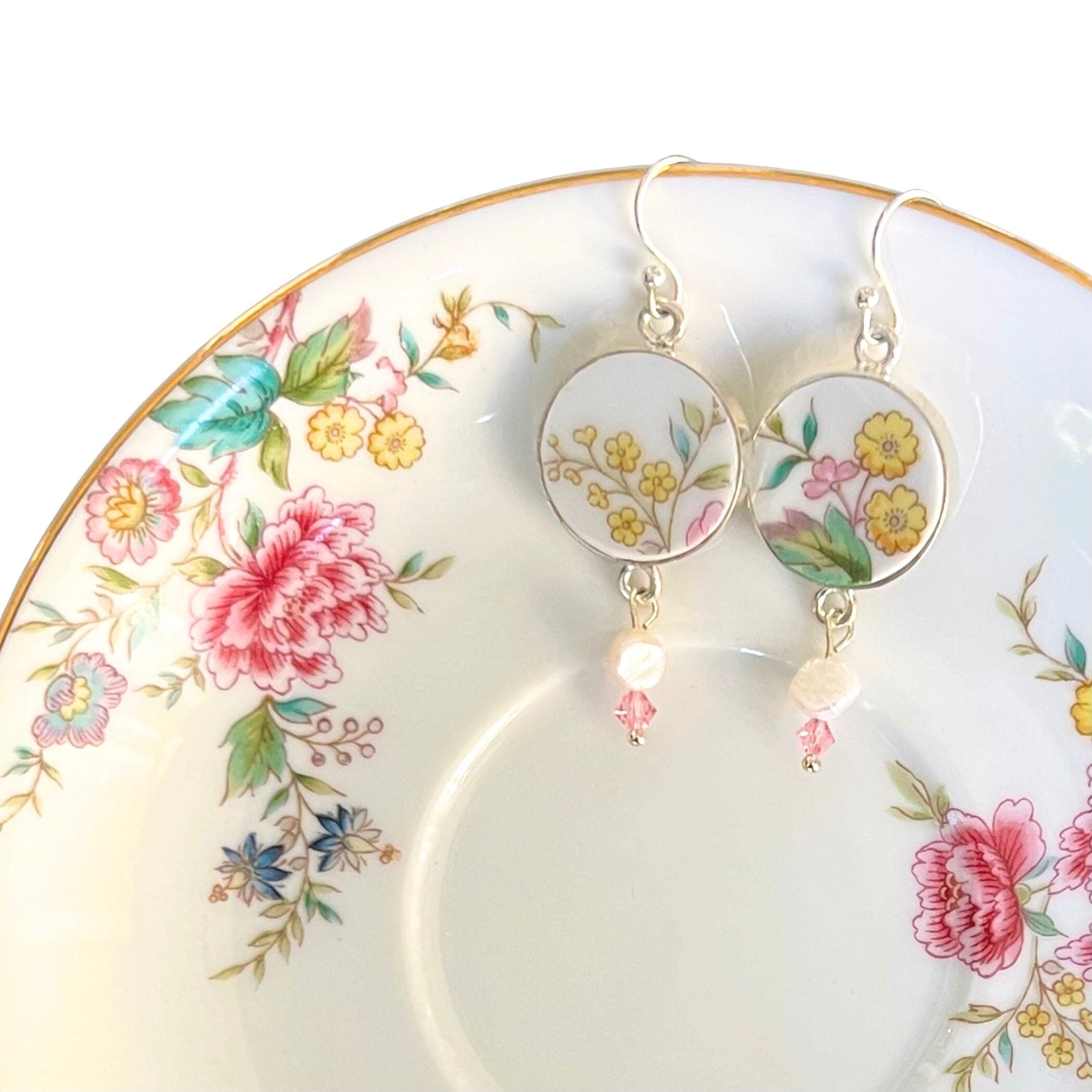 Elegant yellow floral broken china earrings with pearls and crystals - perfect spring/ summer gift for garden lovers on Mother's Day or birthdays.