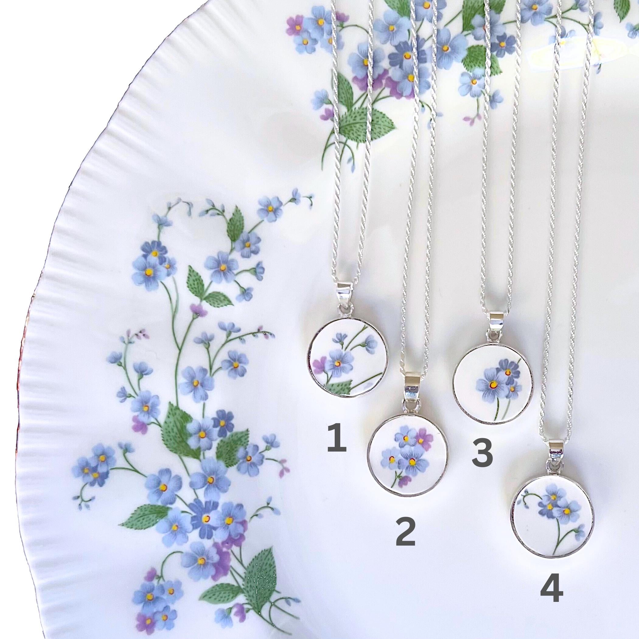 Romantic Forget Me Not Necklace made with Upcycled Vintage China & Sterling Silver, Thoughtful Blue Flower Broken China Jewelry Gift for Her