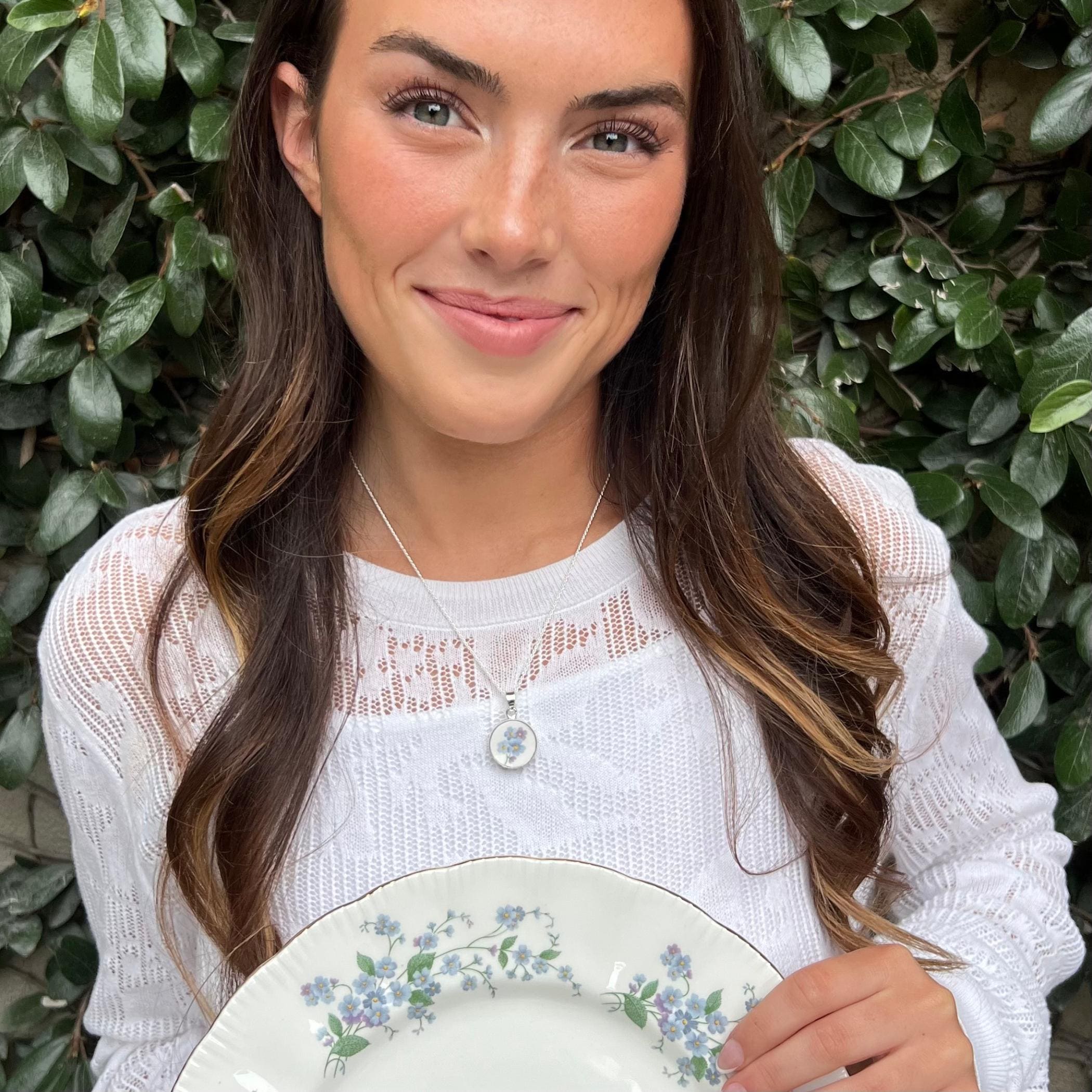 Romantic Forget Me Not Necklace made with Upcycled Vintage China & Sterling Silver, Thoughtful Blue Flower Broken China Jewelry Gift for Her