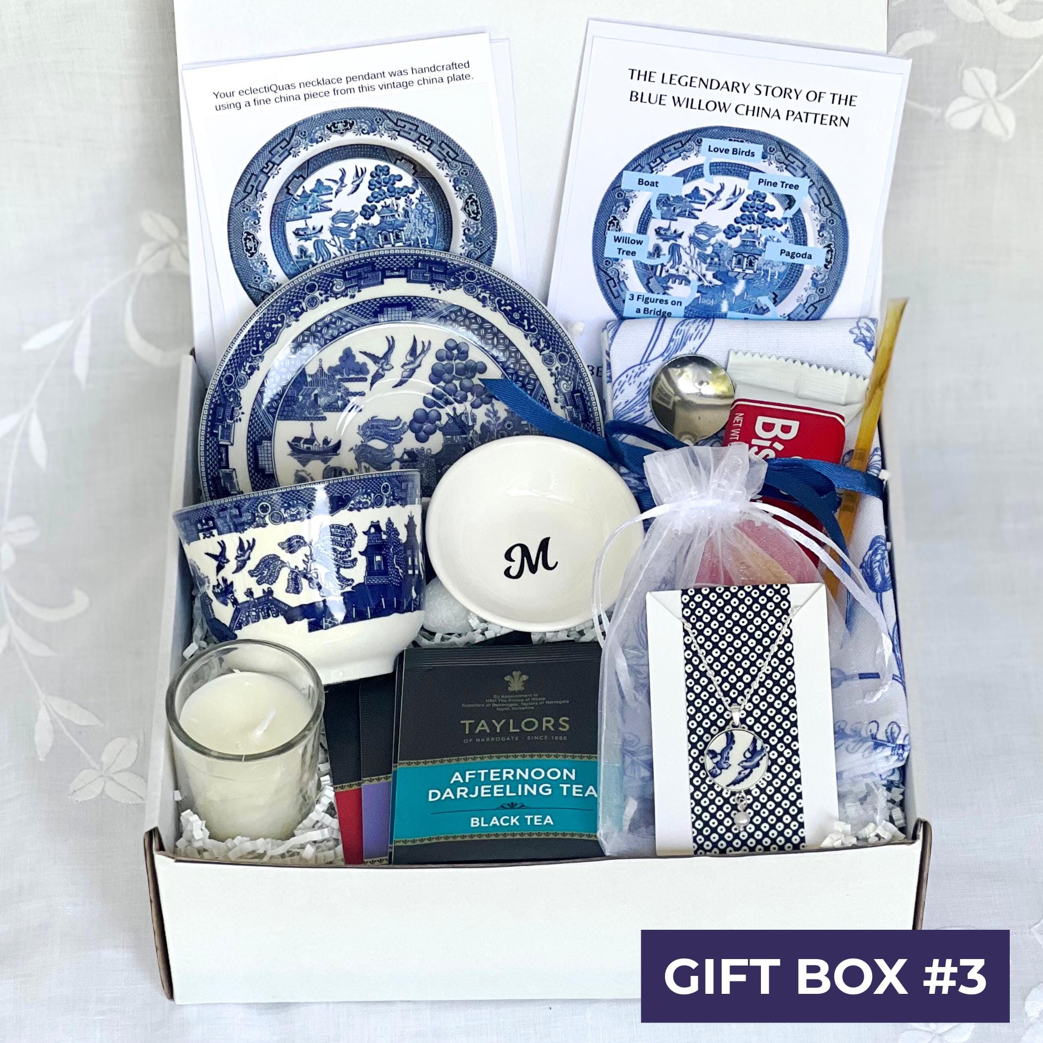 Personalized Tea Gift Box with Blue Willow China, Thinking of You Self Care Package for Her, Hug in a Box, Matching Chinoiserie Necklace