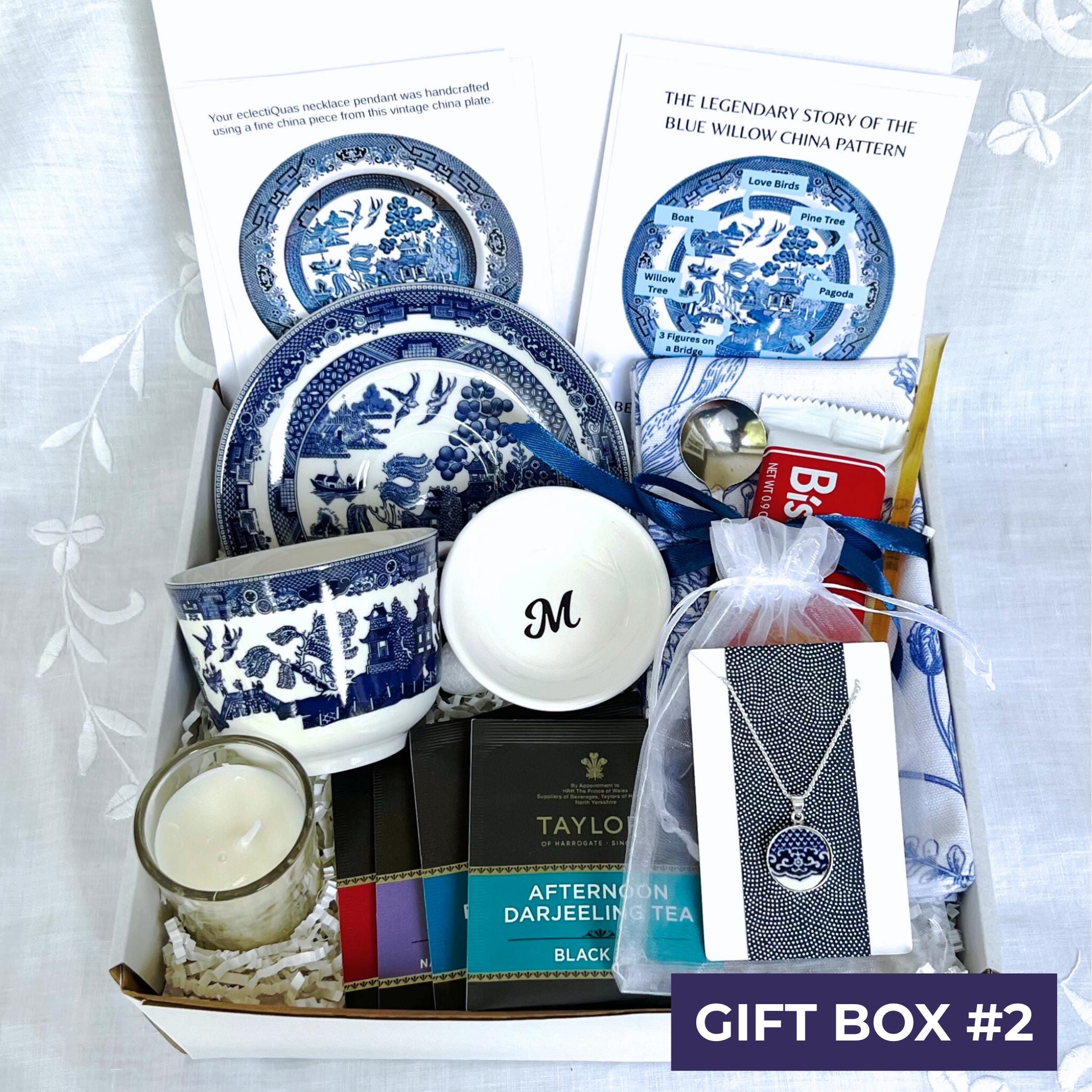 Personalized Tea Gift Box with Blue Willow China, Thinking of You Self Care Package for Her, Hug in a Box, Matching Chinoiserie Necklace
