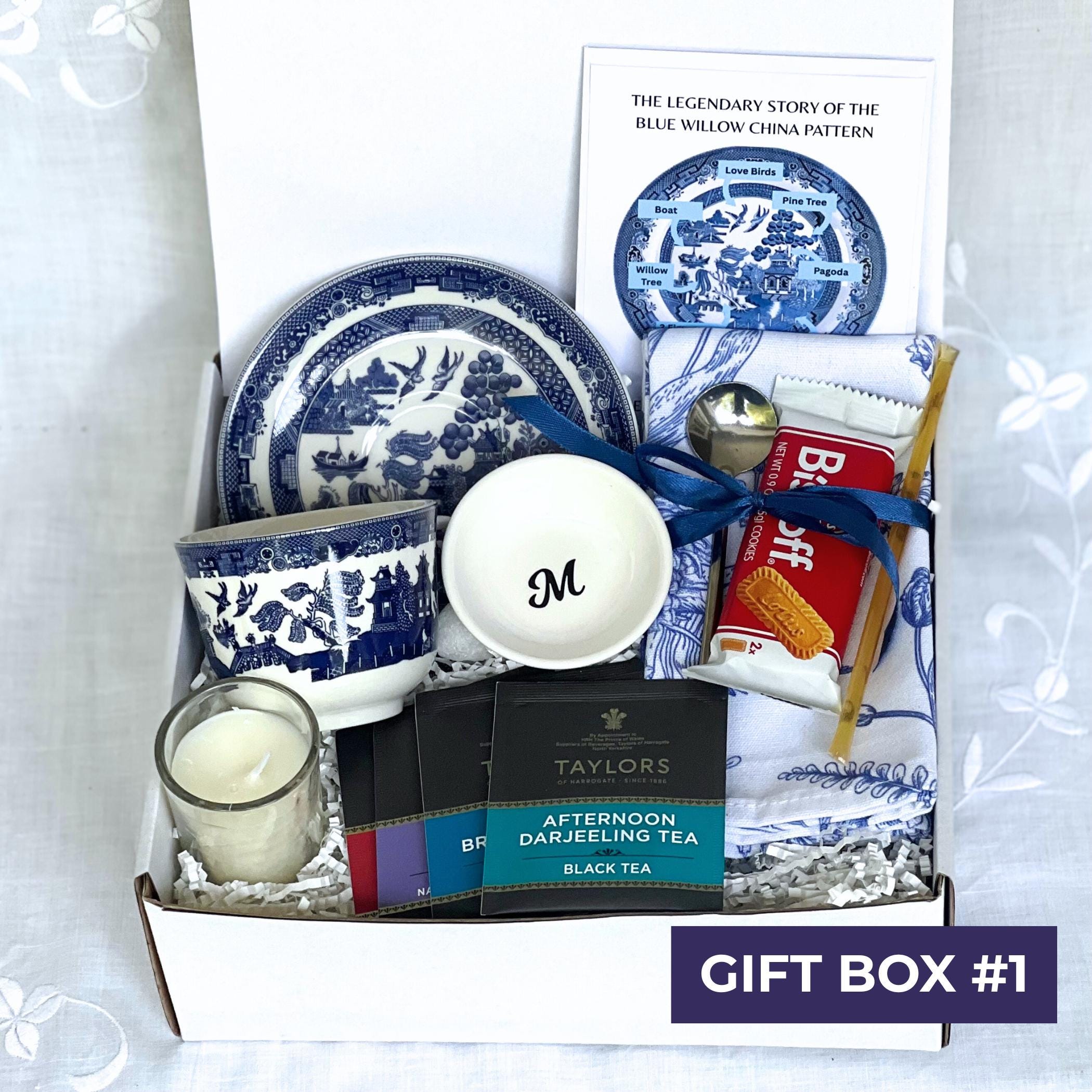 Personalized Tea Gift Box with Blue Willow China, Thinking of You Self Care Package for Her, Hug in a Box, Matching Chinoiserie Necklace