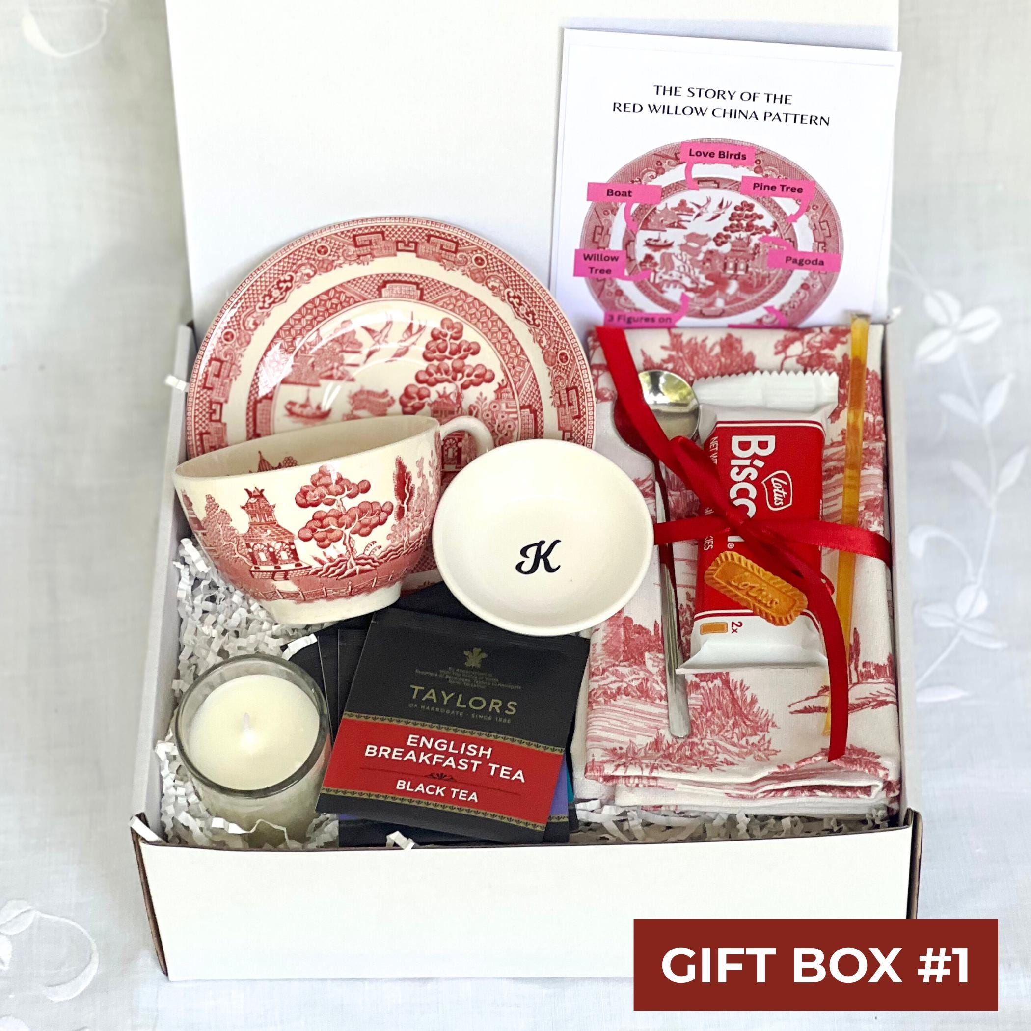 Personalized Red Willow China Tea Gift Box, Hug in a Box, Matching Red Chinoiserie Necklace, Thoughtful Self Care Package for Her Birthday