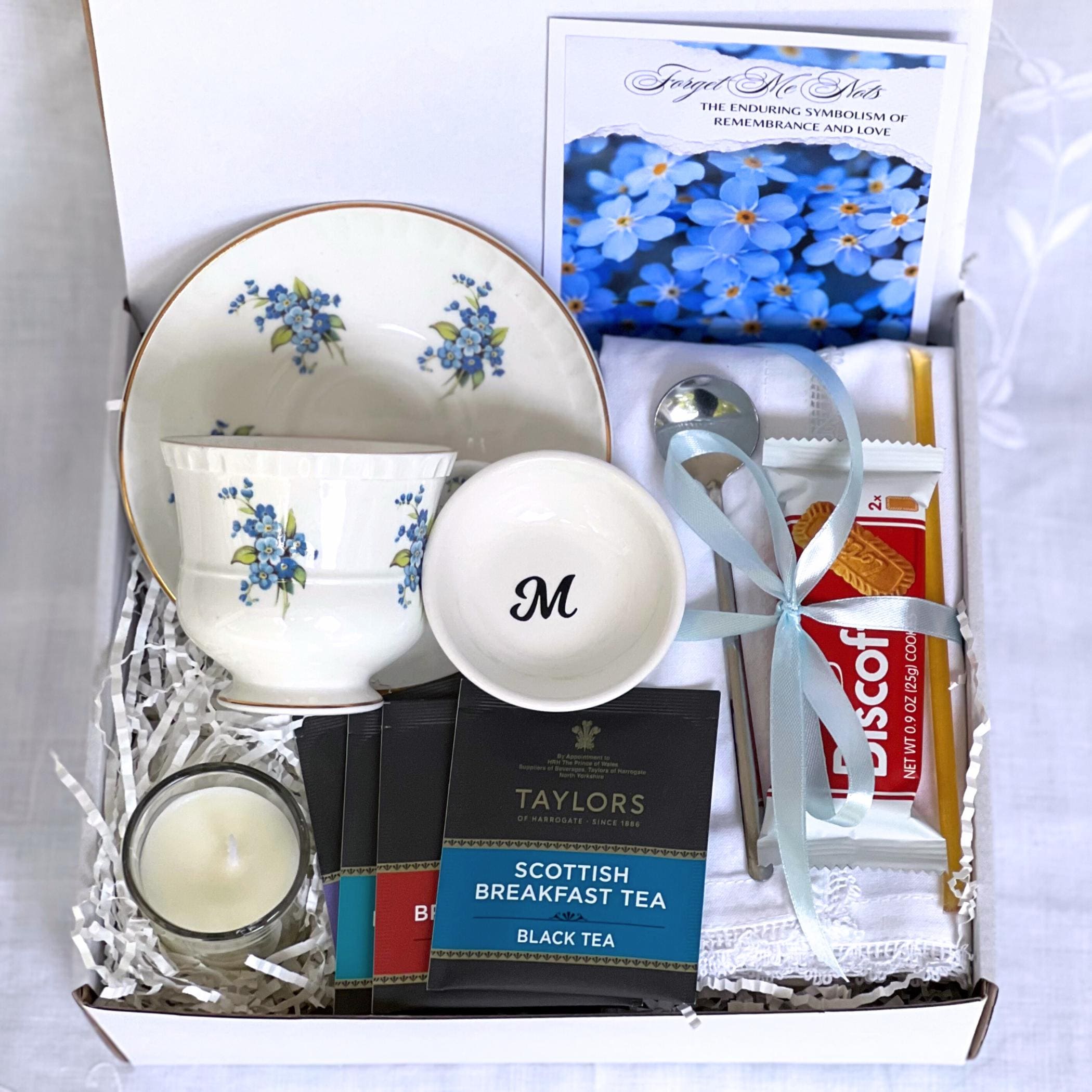 Sympathy Gift Box with Vintage Cup & Saucer, Thinking of You Care Package for Her, Tea Sampler Gift Box with Memorial Forget Me Not Necklace