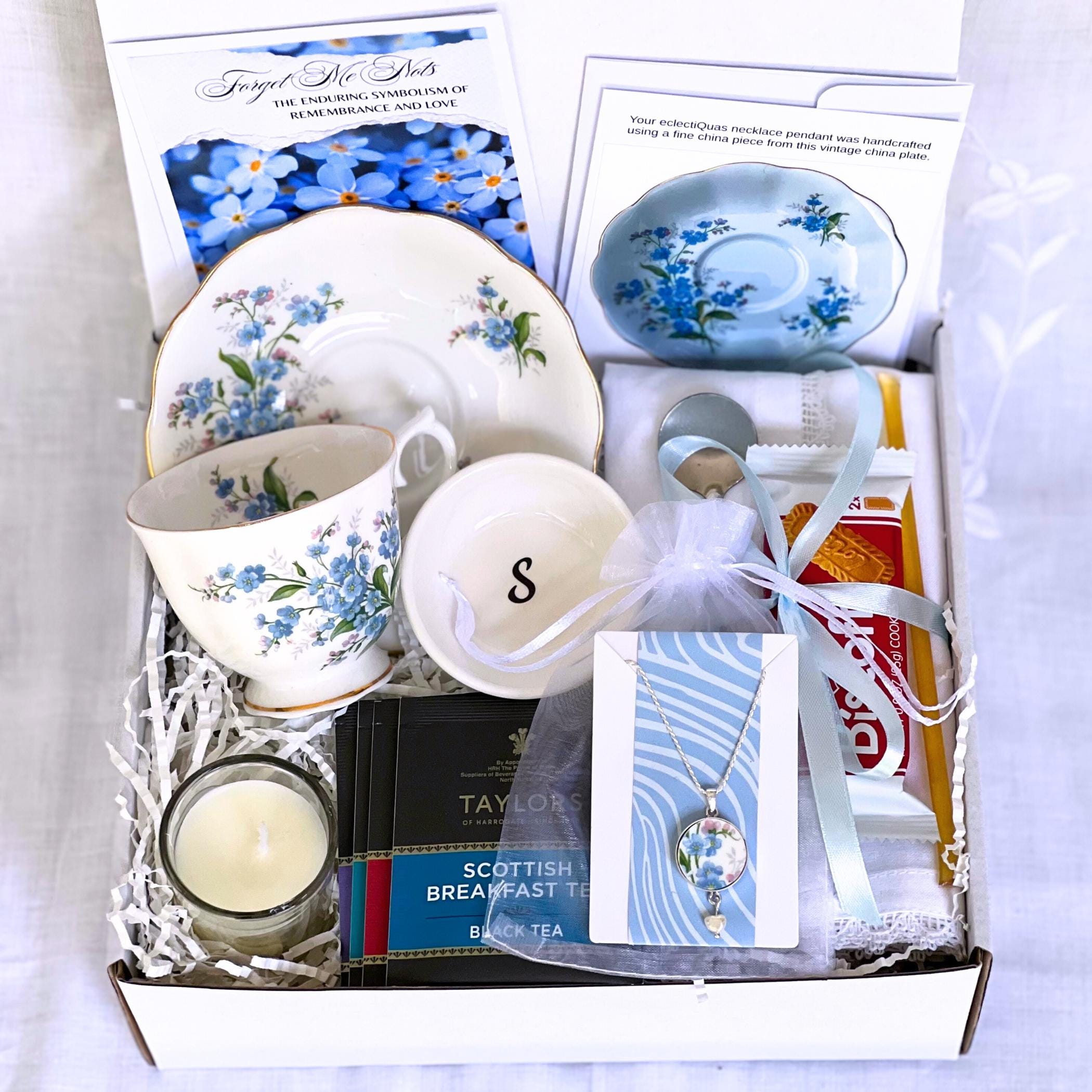 Sympathy Gift Box with Vintage Cup & Saucer, Thinking of You Care Package for Her, Tea Sampler Gift Box with Memorial Forget Me Not Necklace