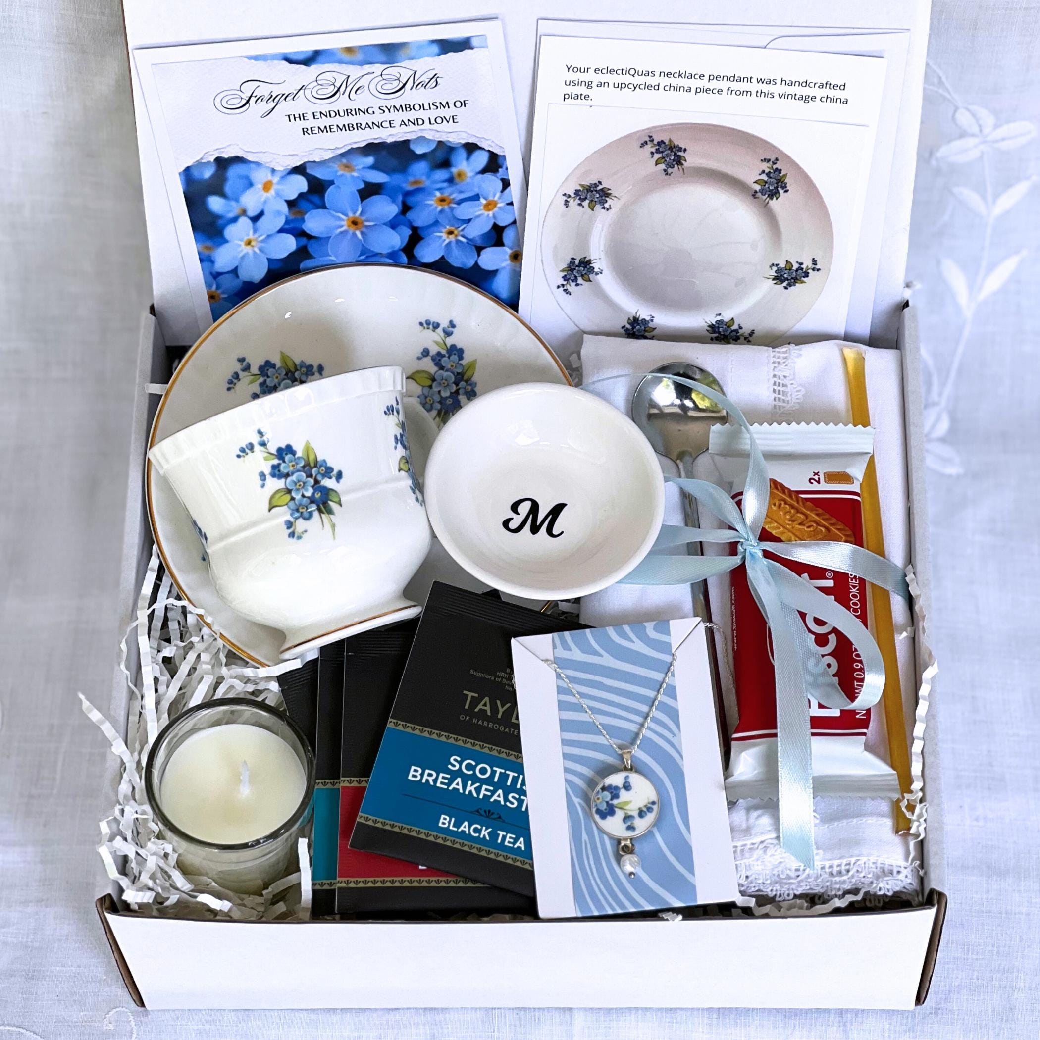 Sympathy Gift Box with Vintage Cup & Saucer, Thinking of You Care Package for Her, Tea Sampler Gift Box with Memorial Forget Me Not Necklace