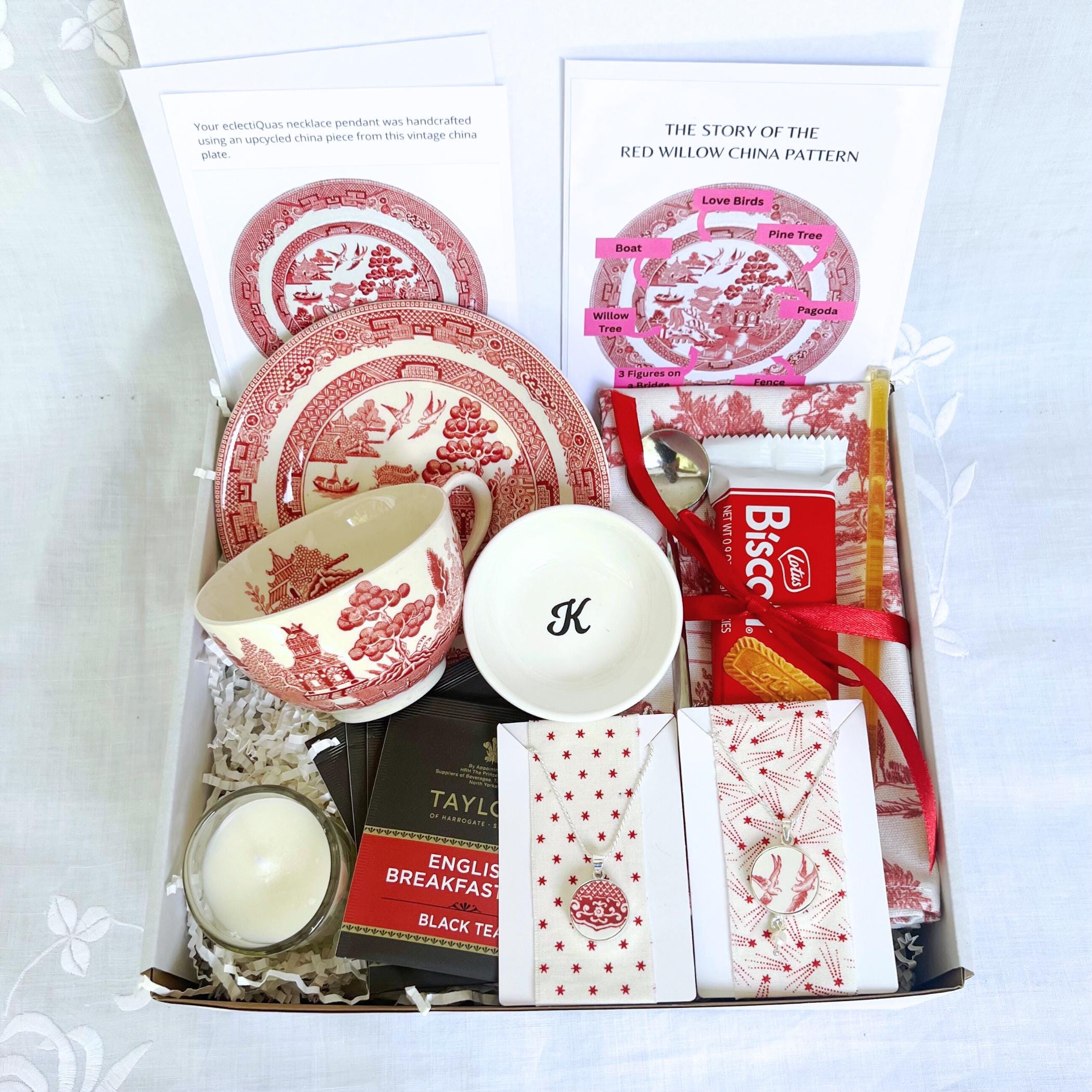 Tea gift basket featuring vintage Red Willow chinoiserie tea cup & saucer, premium teas, and optional handcrafted necklace from matching transferware - thoughtful gift