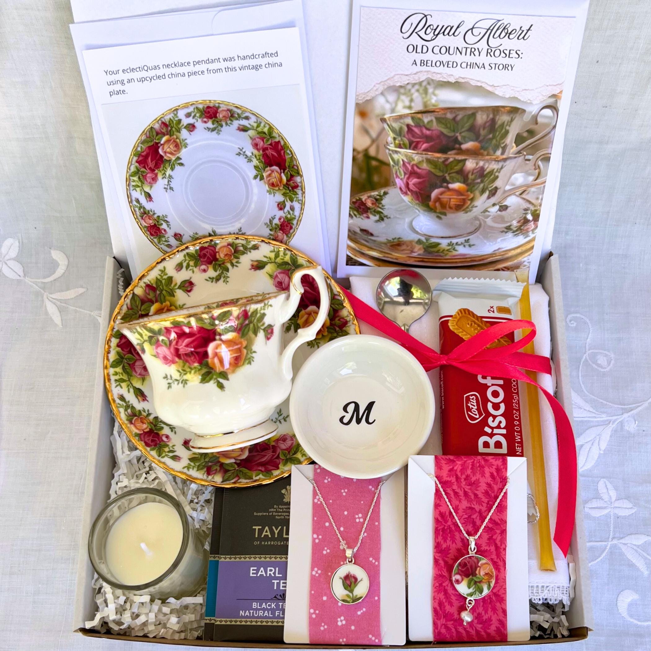 Tea gift basket featuring vintage Royal Albert Old Country Roses teacup, premium teas, and optional matching china jewelry from upcycled plates