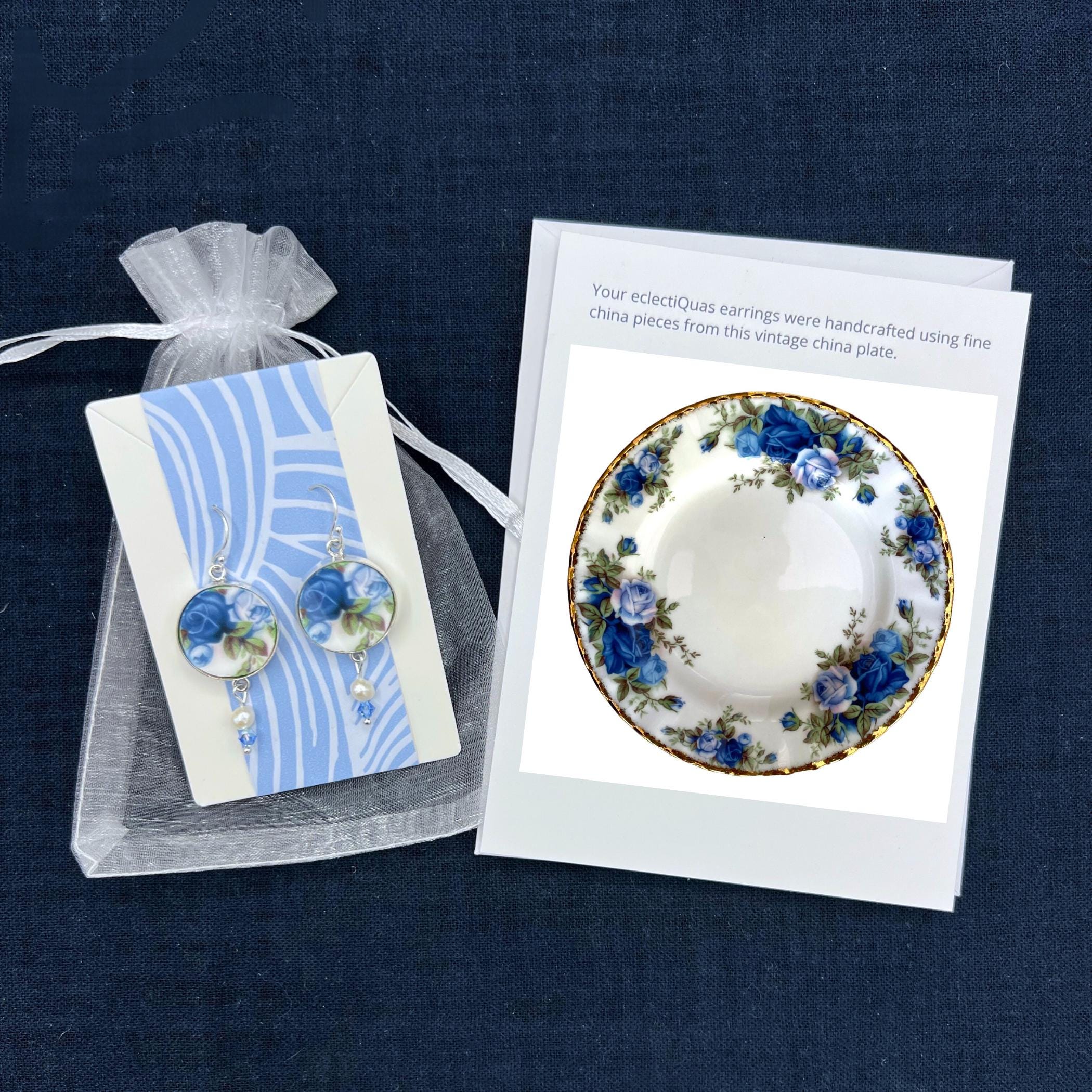 Royal Albert Moonlight Rose China Earrings handmade with Sterling Silver, Elegant Blue Rose Broken China Jewelry Mothers Day Gift for Women