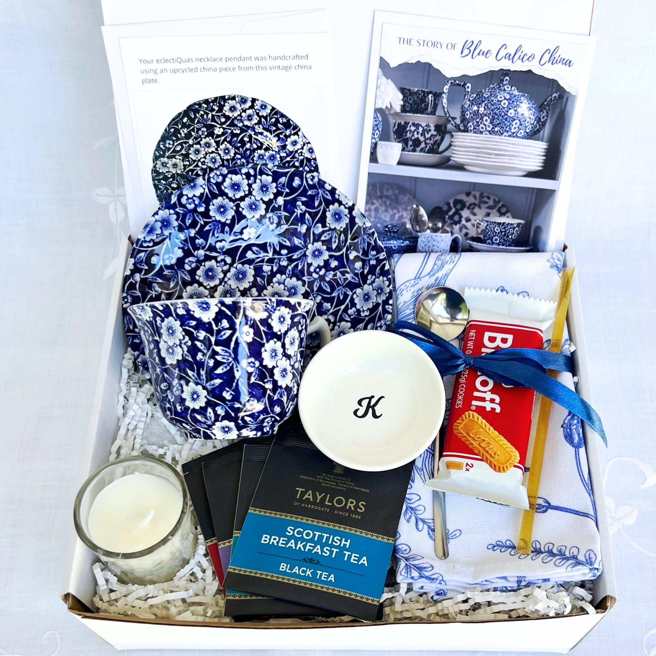 Blue Calico China Tea Gift Box with Tea for One Set, Thinking of You Self Care Package for Her, Sending Hug in a Box, Vintage China Necklace