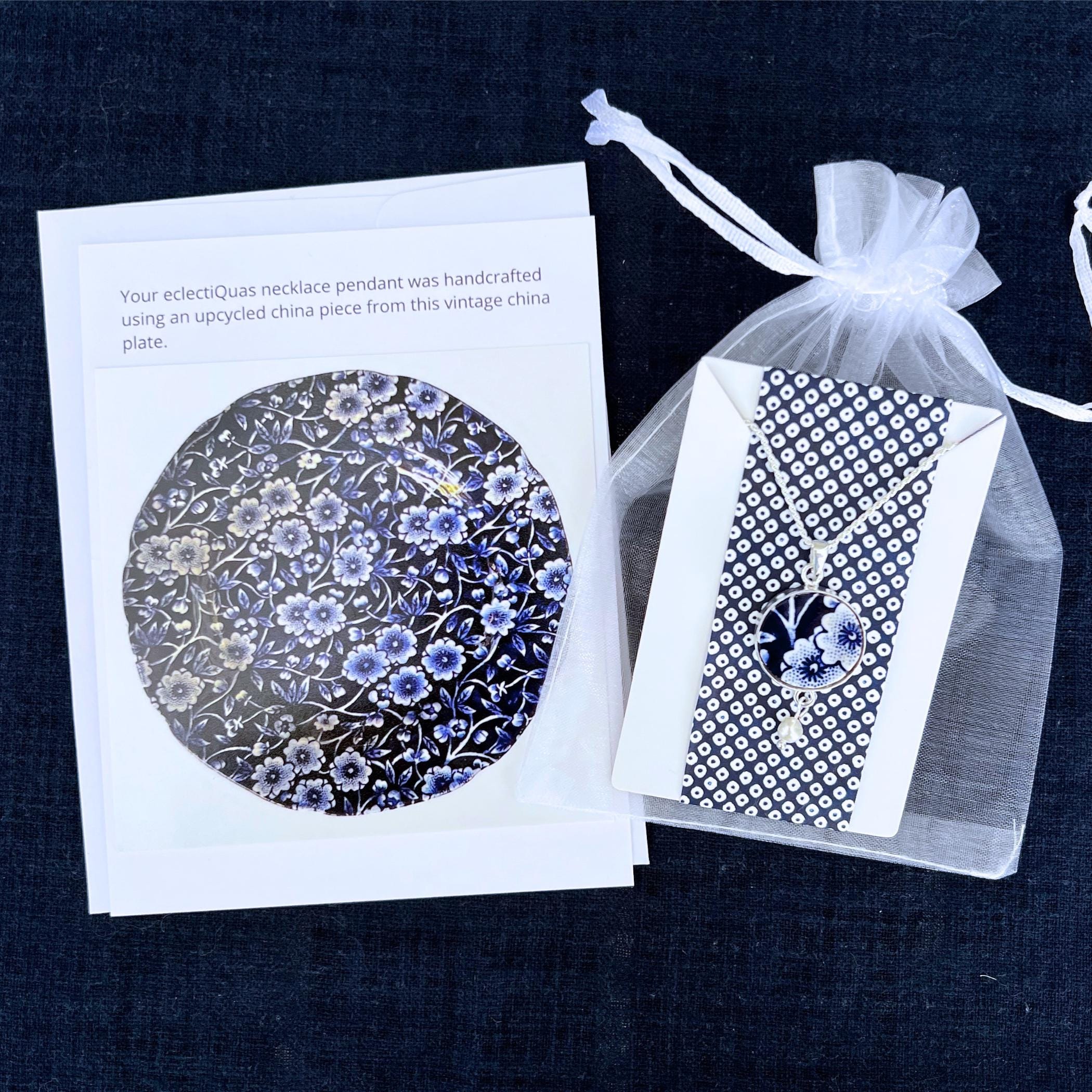 Blue Calico China Tea Gift Box with Tea for One Set, Thinking of You Self Care Package for Her, Sending Hug in a Box, Vintage China Necklace