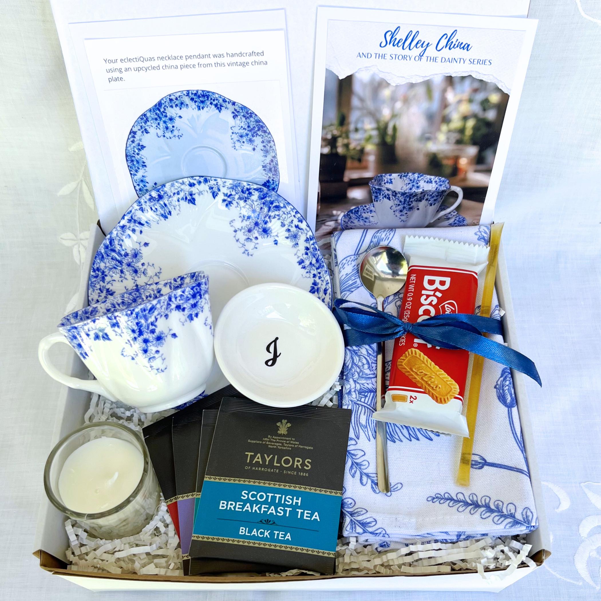 Shelley Dainty Blue China Tea Gift Box, Hug in a Box Miss You Gift, Thinking of You Self Care Package for Her, Thoughtful Gift for Mom Wife